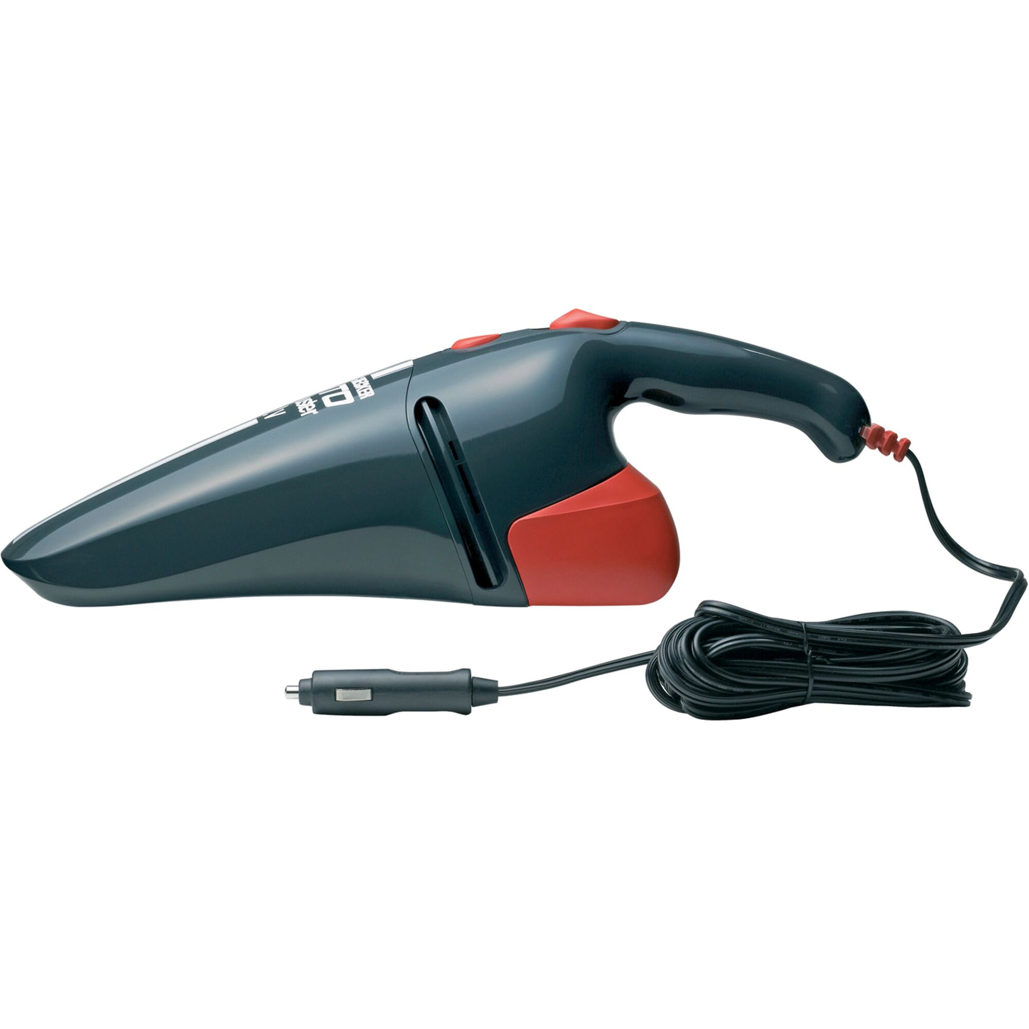 BLACKDECKER AV1205 handheld car vacuum cleaner with cord, side angle, black and red design.