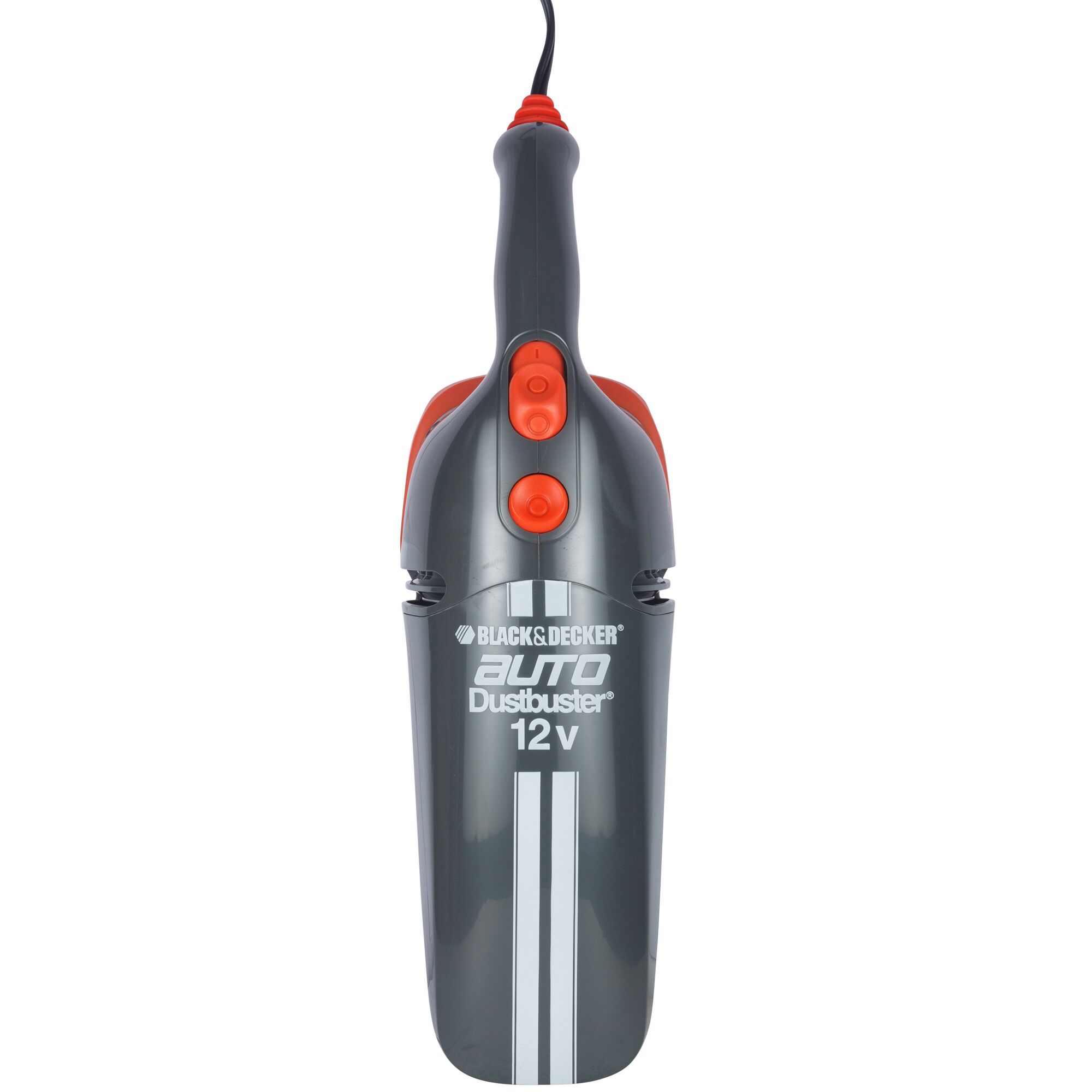 BLACKDECKER AV1205 handheld car vacuum, gray with red buttons, front angle on white background.