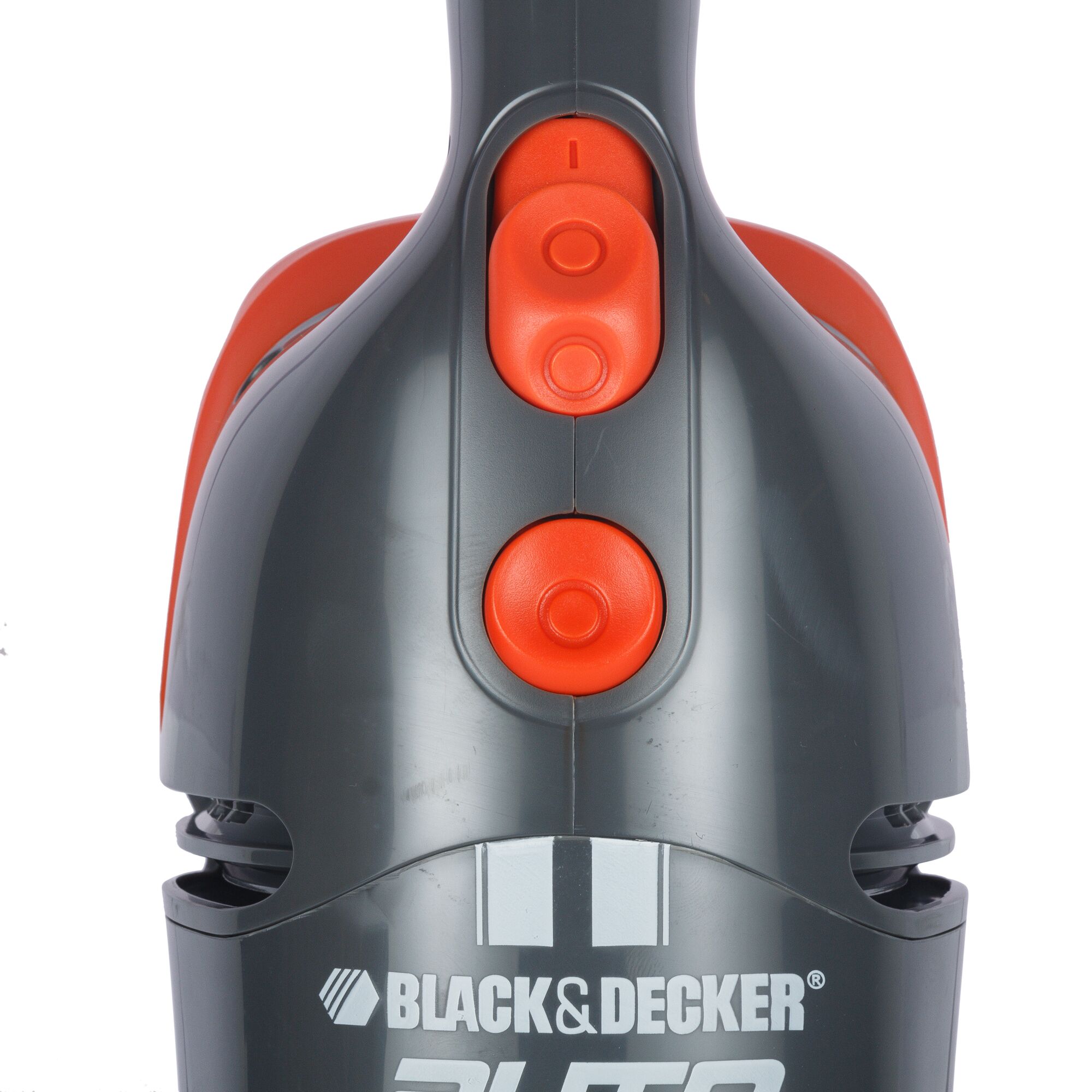 BLACK+DECKER AV1205 handheld vacuum cleaner front angle, dark gray with orange buttons.