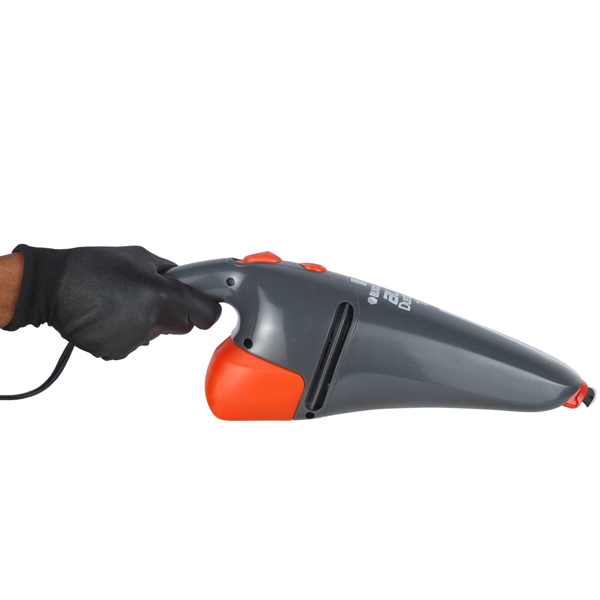 Photo of BLACK+DECKER hand vacuum AV1205, gray and orange, side view, held by a person wearing a black glove.