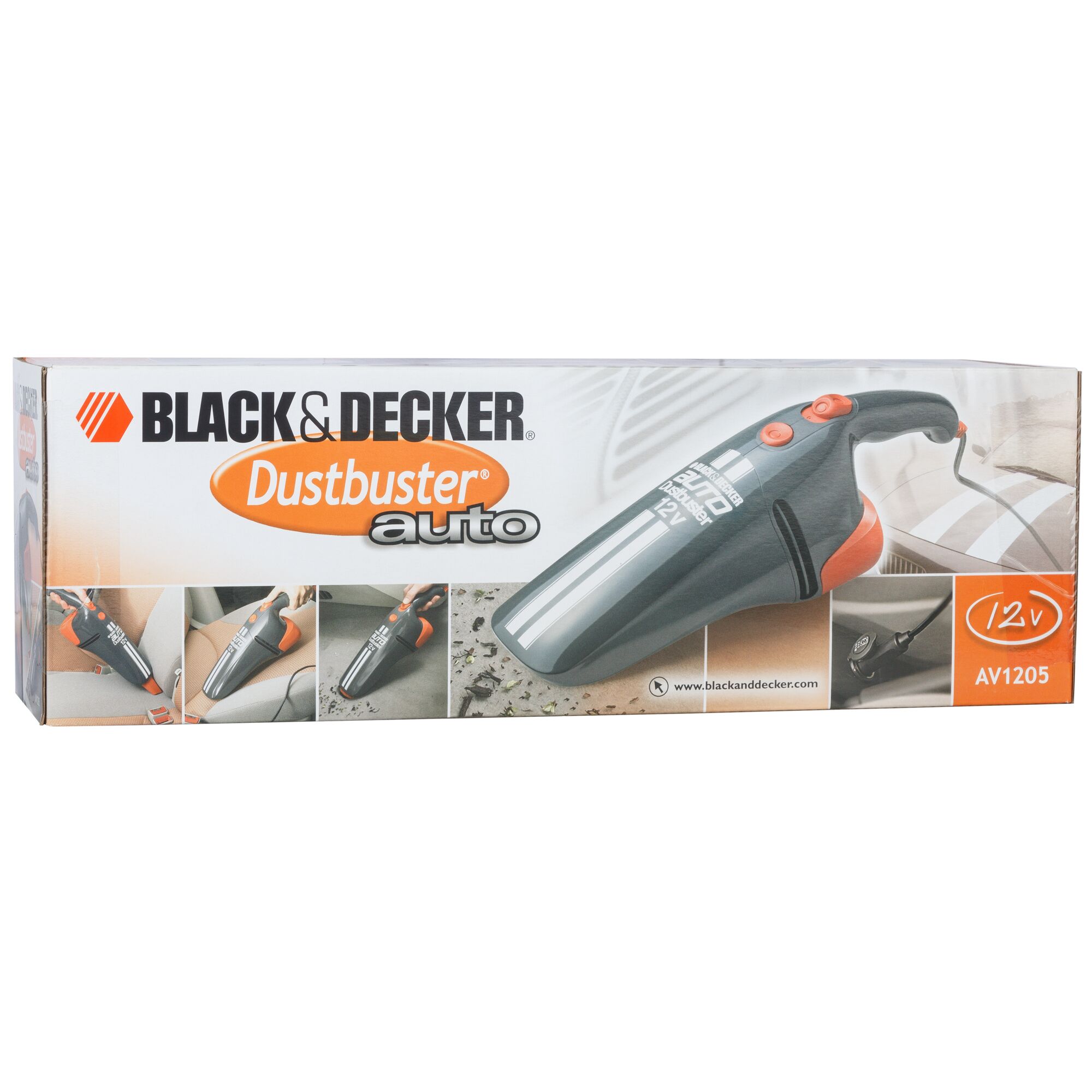 BLACKDECKER AV1205 Dustbuster auto vacuum cleaner box, front angle, orange and gray design.
