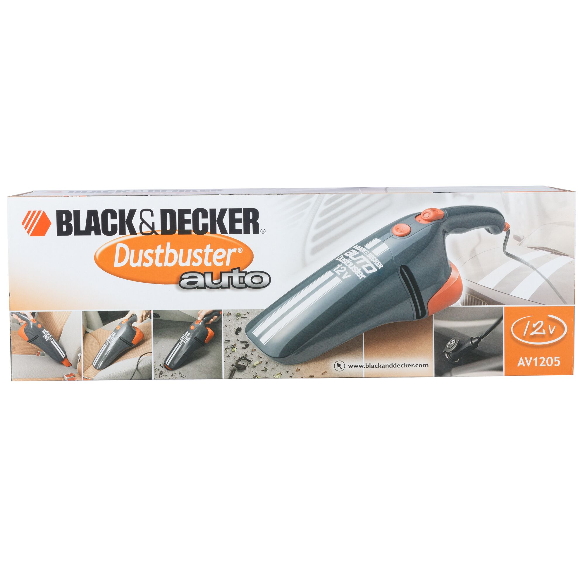 BLACK+DECKER 12V Dustbuster auto handheld vacuum cleaner box front, SKU AV1205, white background.