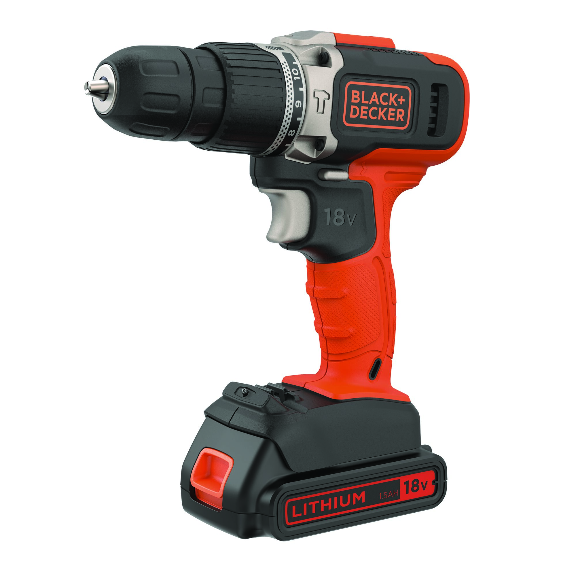 Photo of BLACK+DECKER cordless drill BCD003C1, 18V, orange and black, side view on white background.