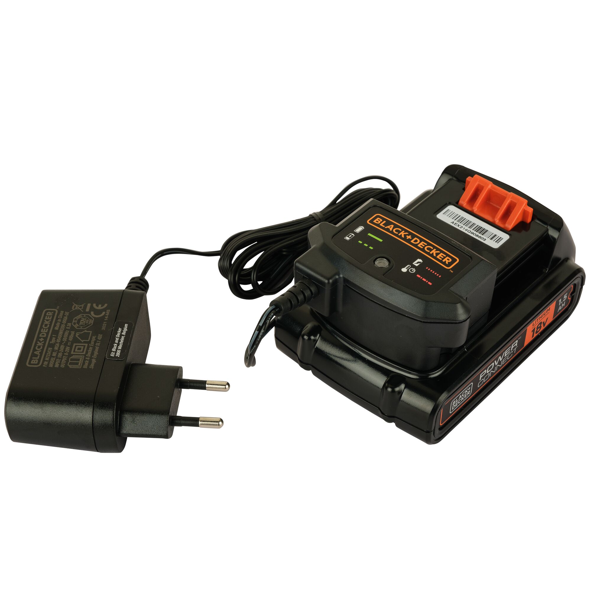 BLACK+DECKER BCD003C1 power tool battery charger with 18V battery and EU plug adapter, product side angle.
