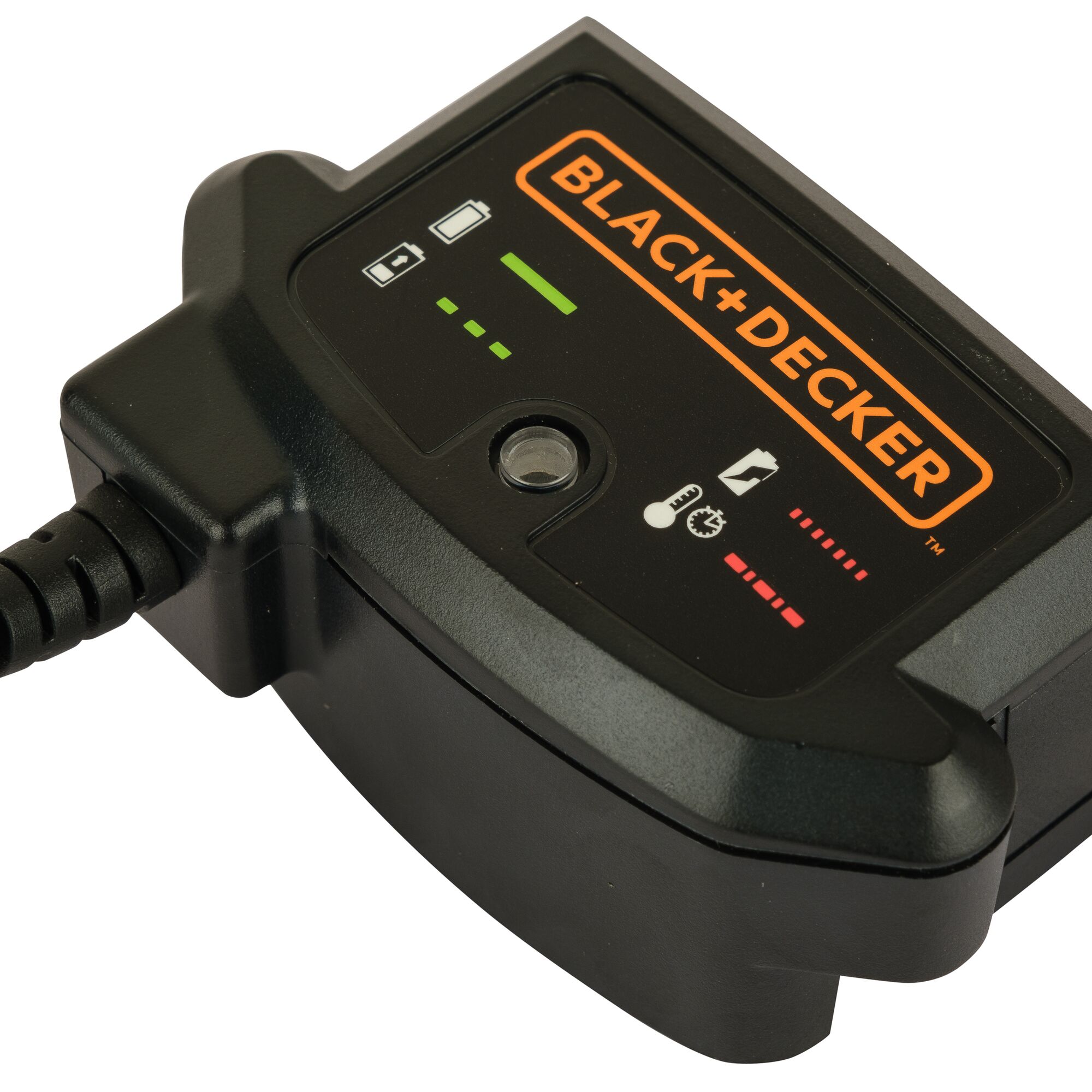 BLACK+DECKER battery charger BCD003C1, black, angled view on white background.