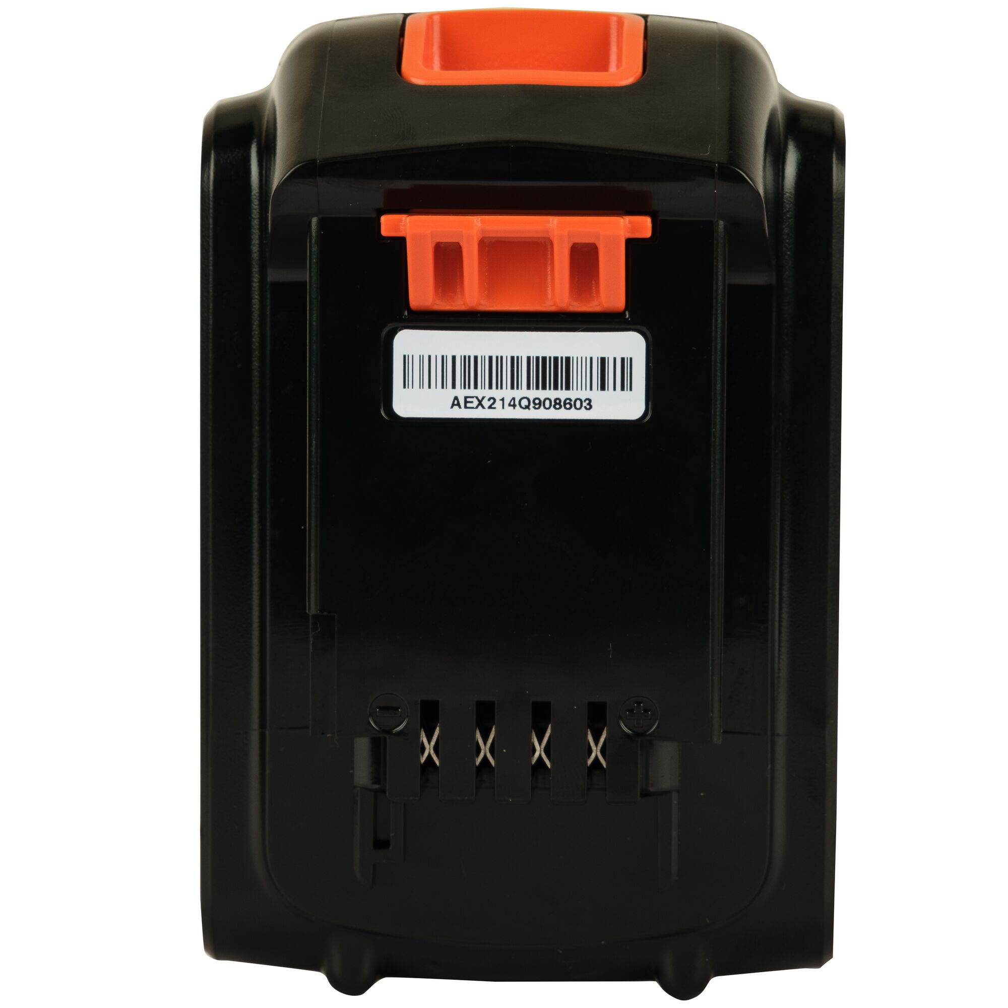 BLACK+DECKER BCD003C1 black and orange power tool battery, rear view on white background.