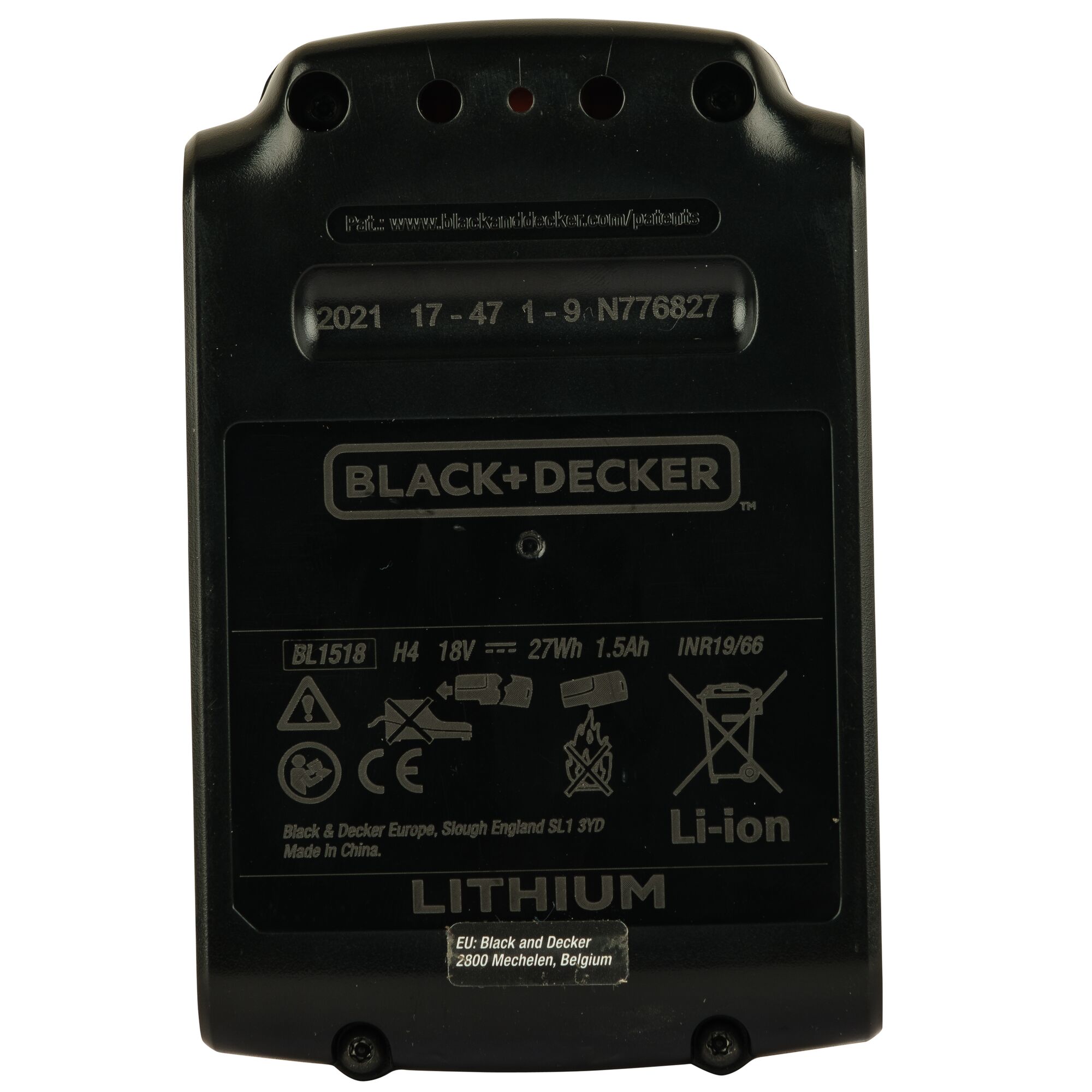 BLACKDECKER BCD003C1 lithium-ion battery pack, black rear view, label with specifications.