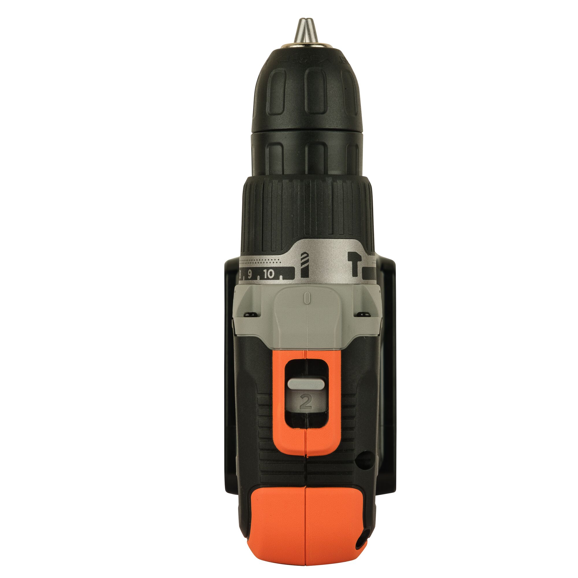 Close-up of BLACKDECKER cordless drill BCD003C1, showing grip, torque settings, and orange accent detail.