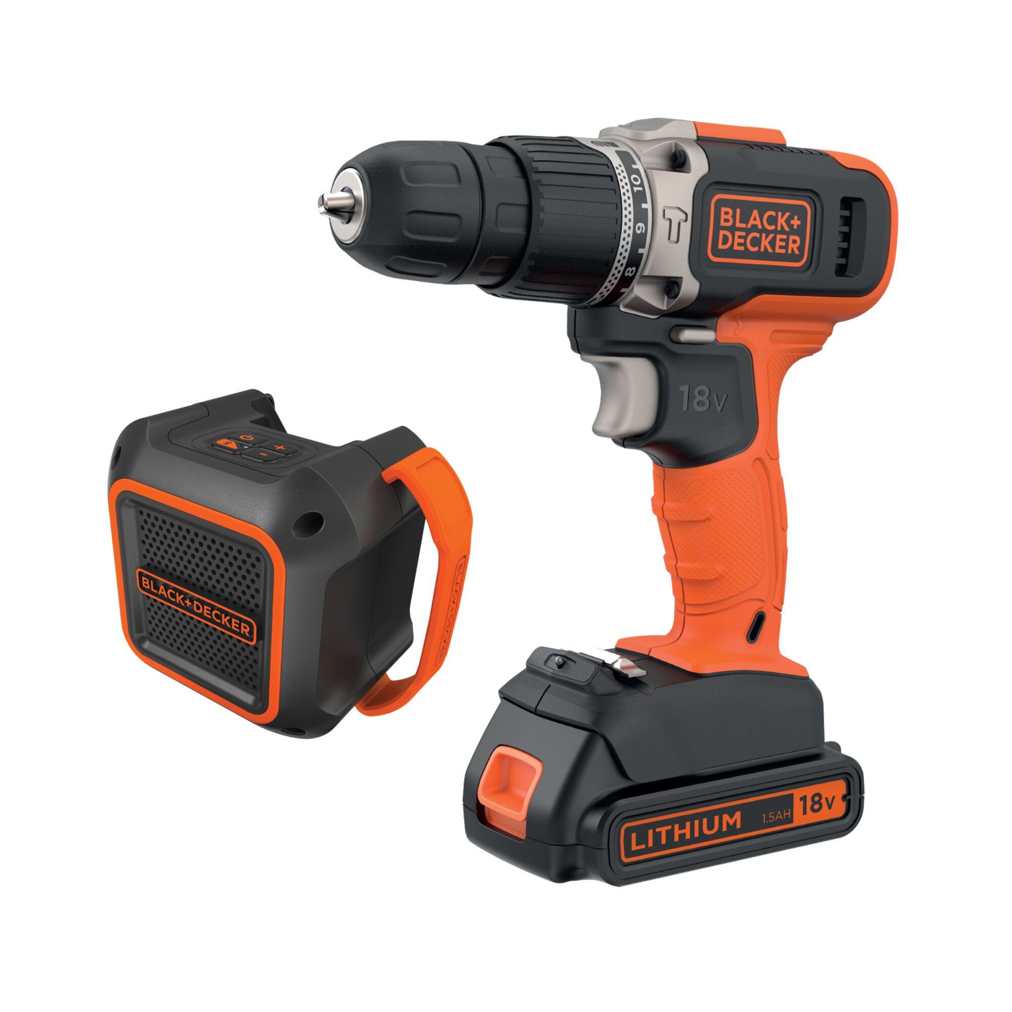 Photo of BLACK+DECKER BCD003C2BTS cordless drill and portable speaker, both in black and orange, front angle.