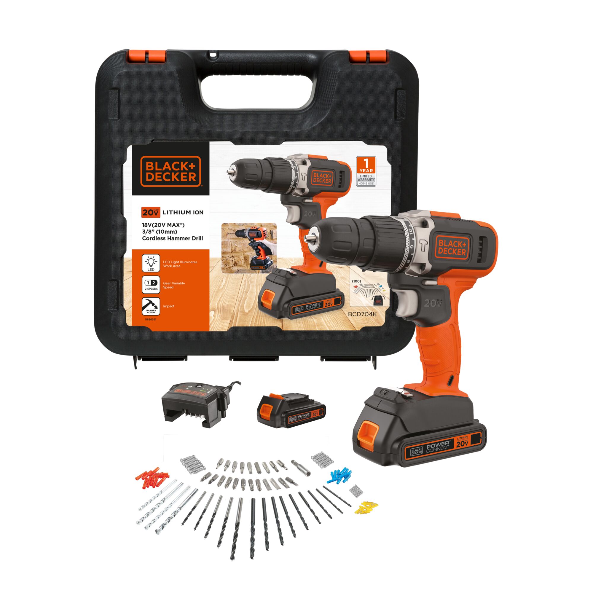 BLACK+DECKER cordless hammer drill set with case, battery, charger, and drill bits, SKU BCD704K-B1, front angle.