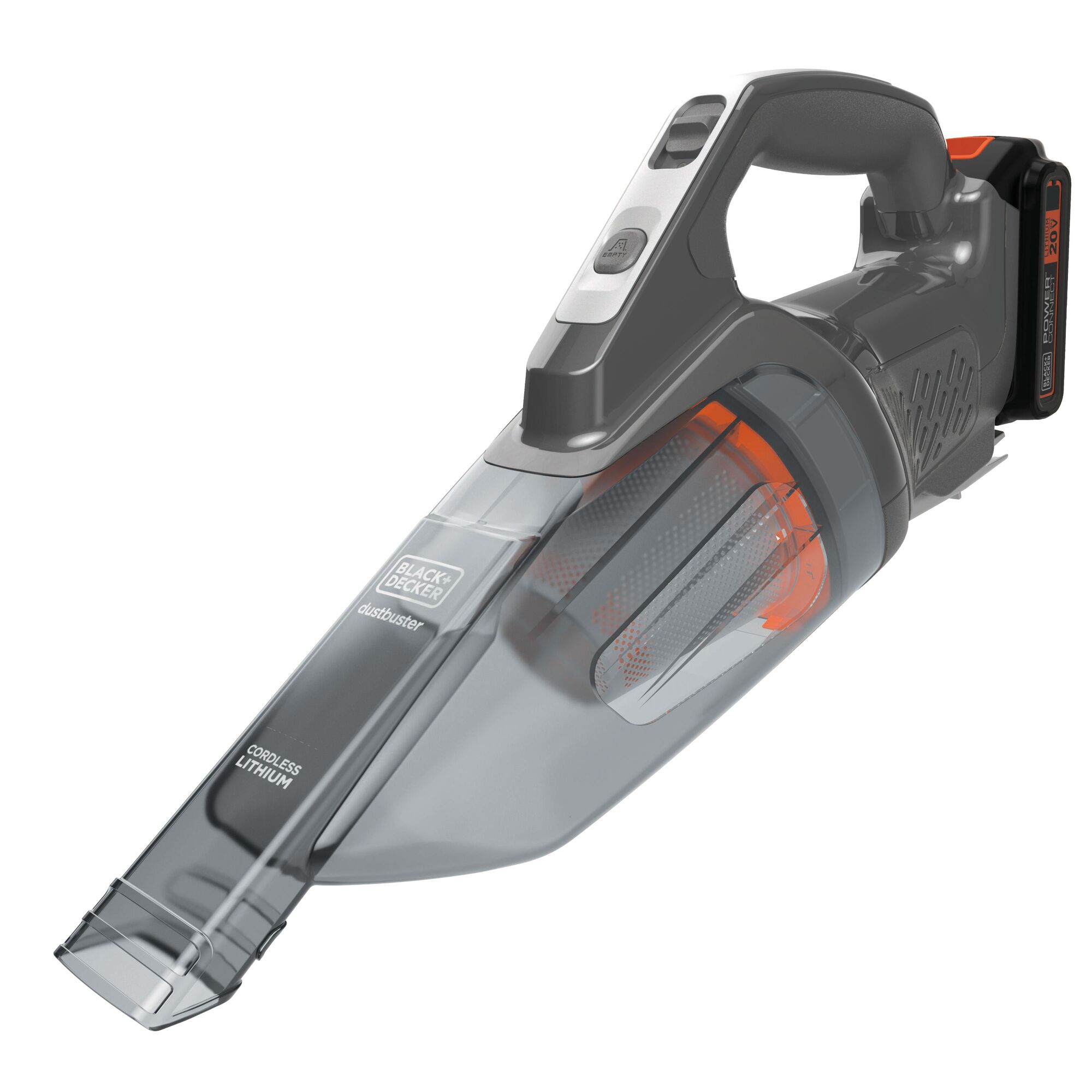 BLACKDECKER handheld vacuum cleaner BCHV001C1E, front angle, gray and orange, cordless lithium model.
