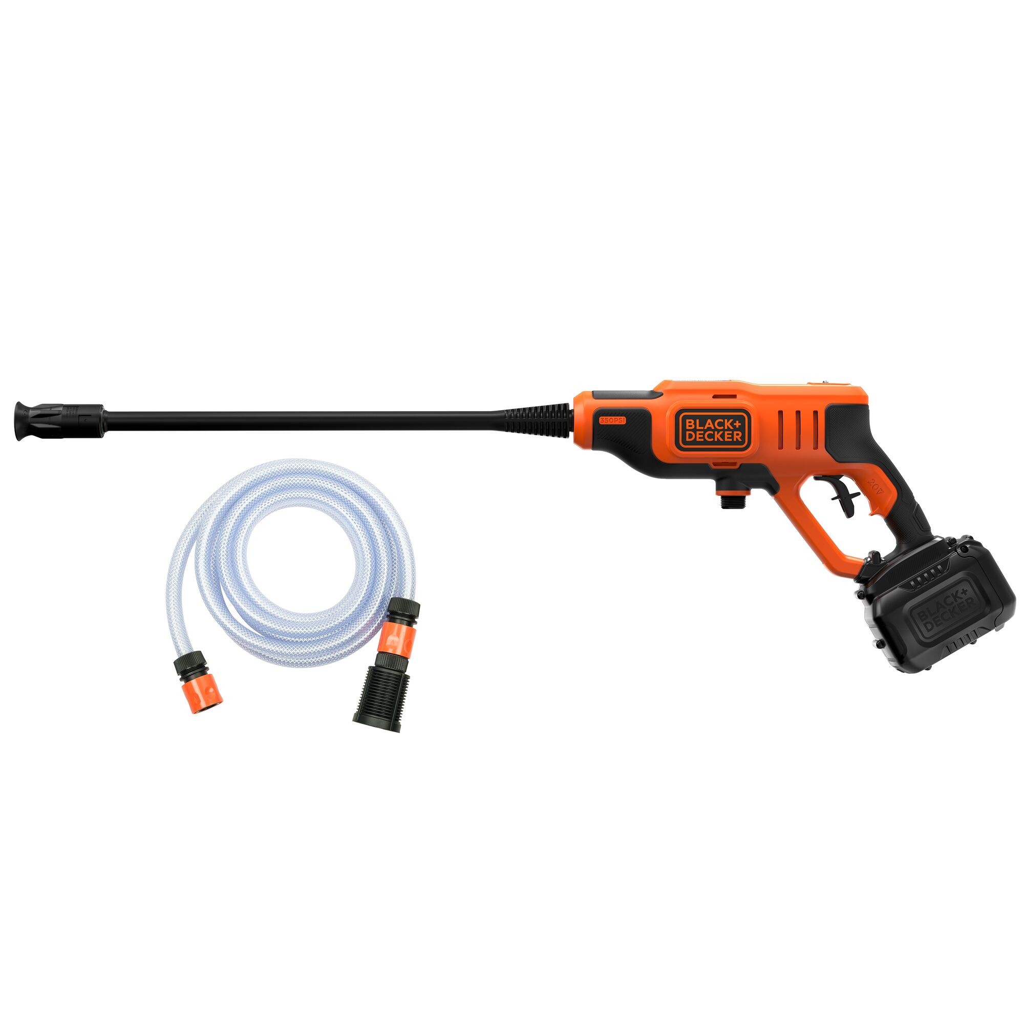 BLACK+DECKER BCPC20D1SG cordless orange and black power washer with battery, side view, white background, with hose included.