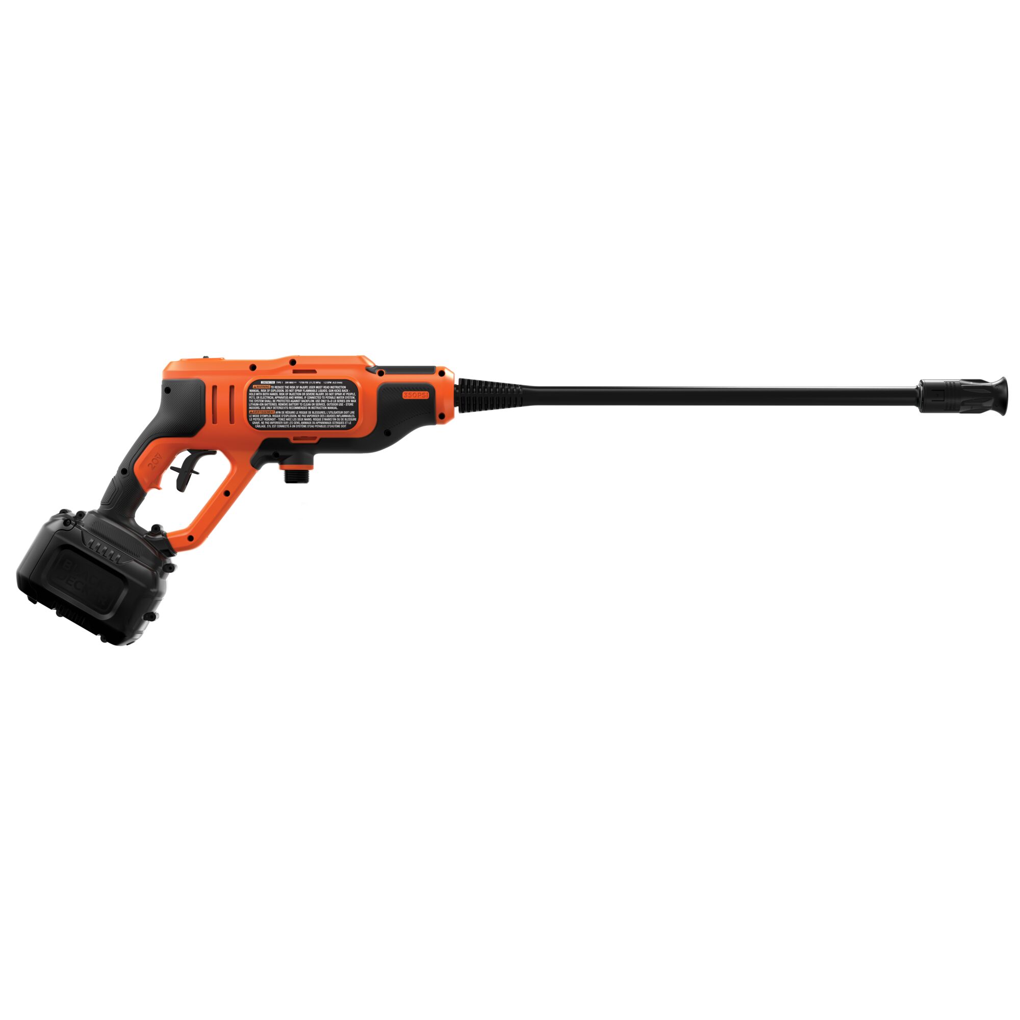 BLACKDECKER BCPC20D1 cordless pressure washer, orange and black, side angle on white background
