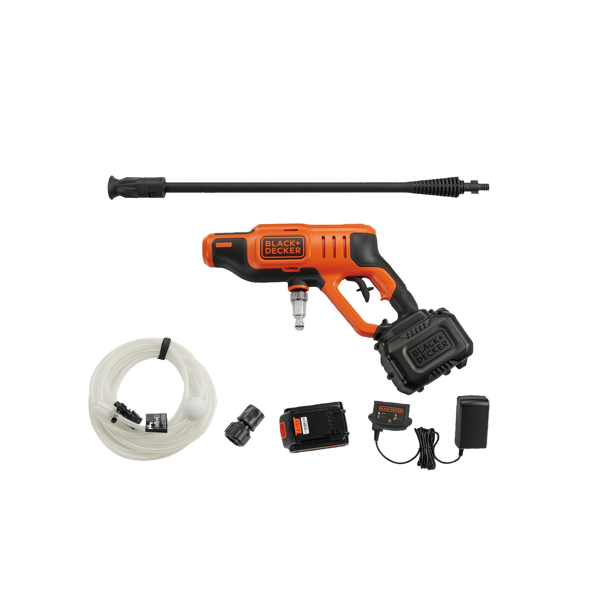 BLACKDECKER BCPC18D1 portable pressure washer kit with accessories, side angle, white background.