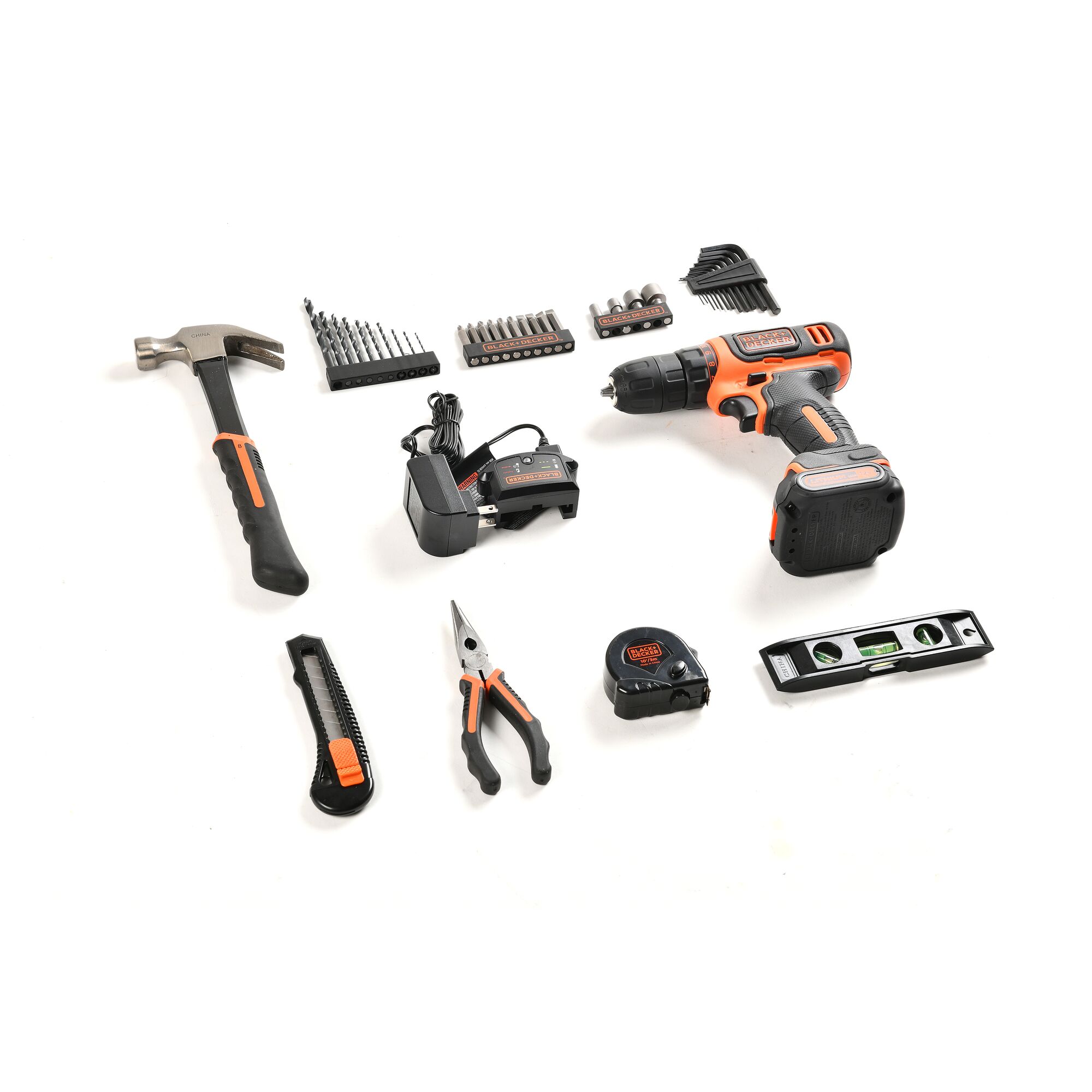 BLACKDECKER BCPK1249C tool kit photography with cordless drill, hammer, pliers, tape measure, level, and bits, top angle.