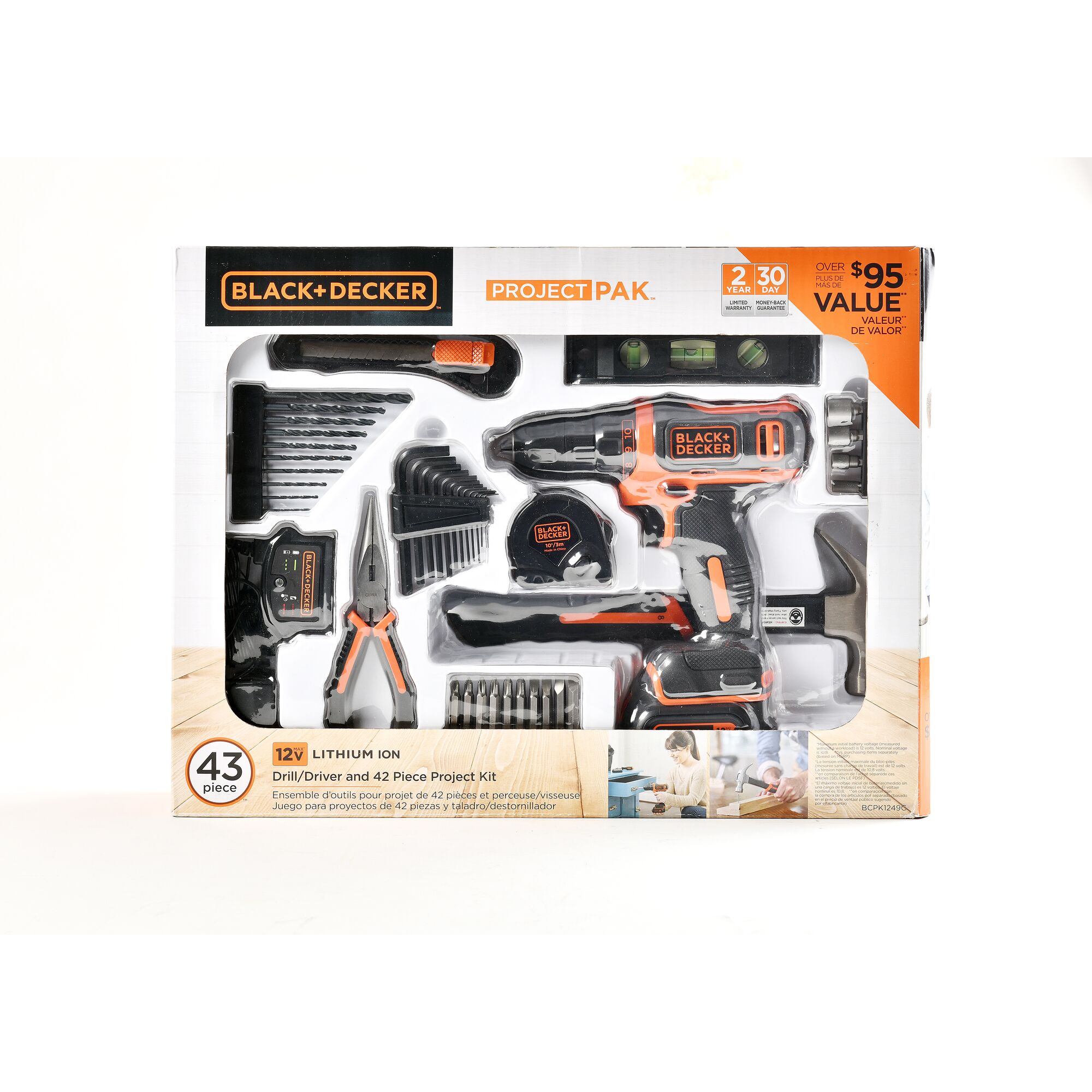 BLACK+DECKER BCPK1249C 43-piece project kit with 12V drill driver, pliers, charger, bits, and hand tools, front angle