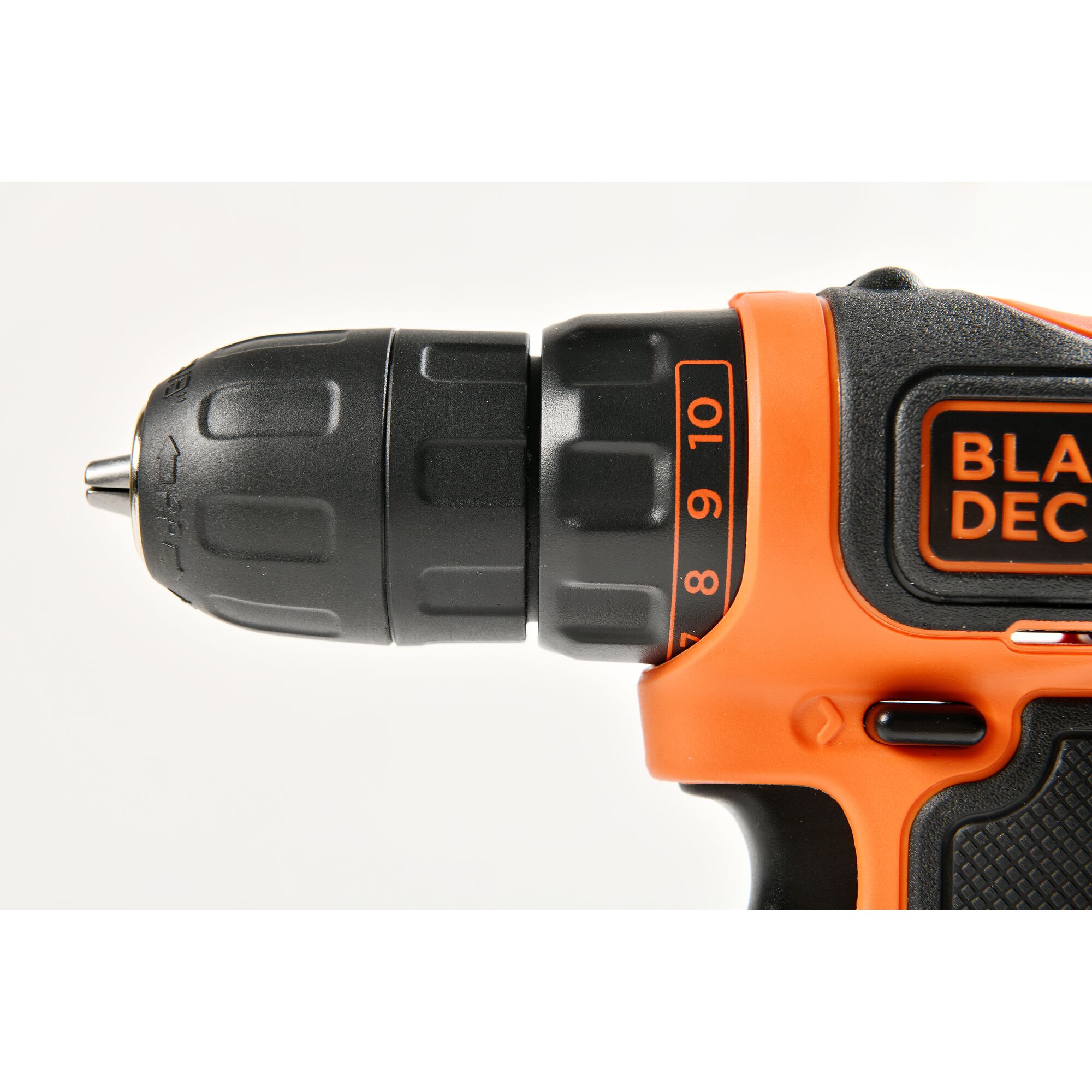 Photo of BLACKDECKER cordless drill BCPK1249C, close-up side view, orange and black design, white background.