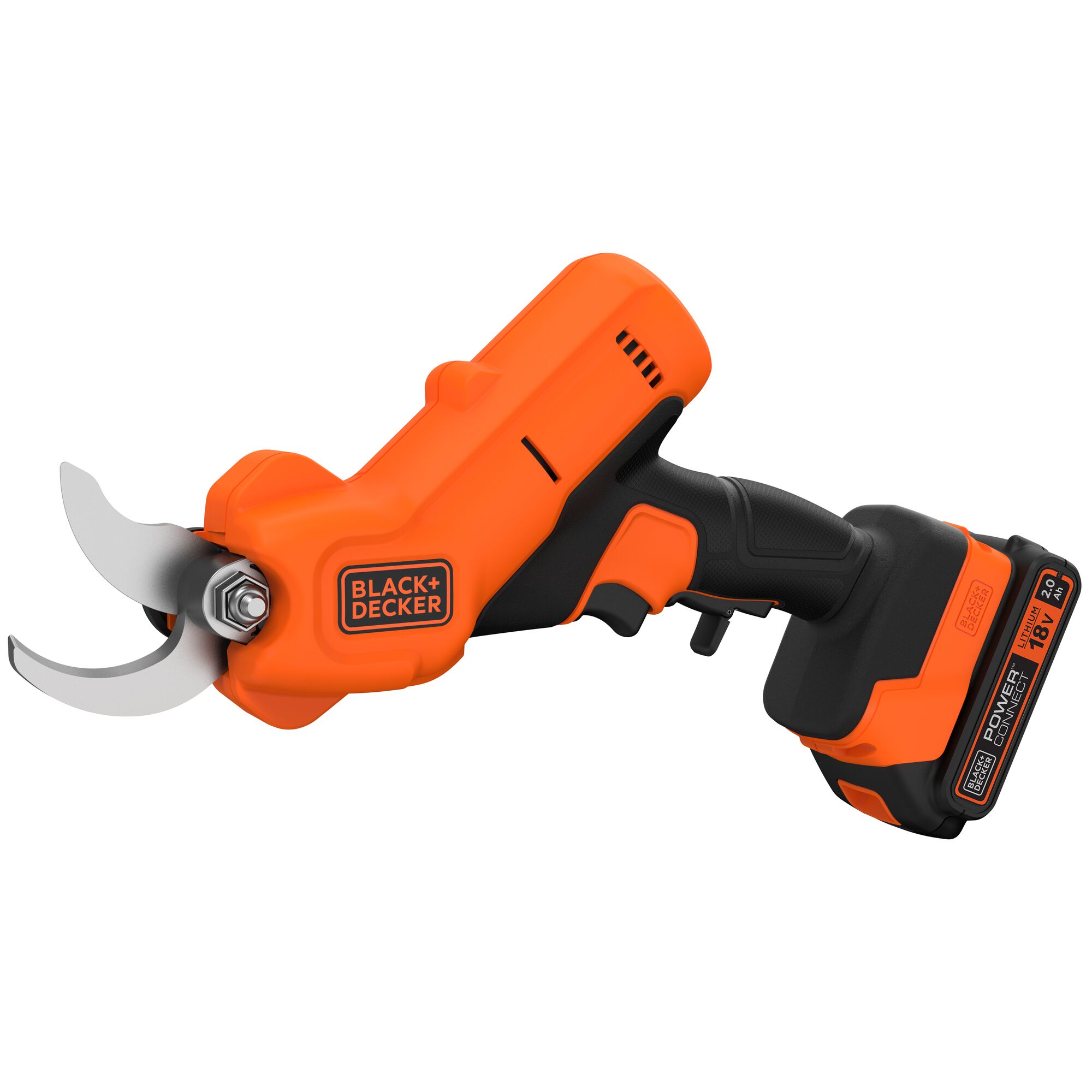 A BLACK+DECKER cordless electric pruning shear tool, featuring an orange and black body, metal blades, and a rechargeable battery pack attached at the base.
