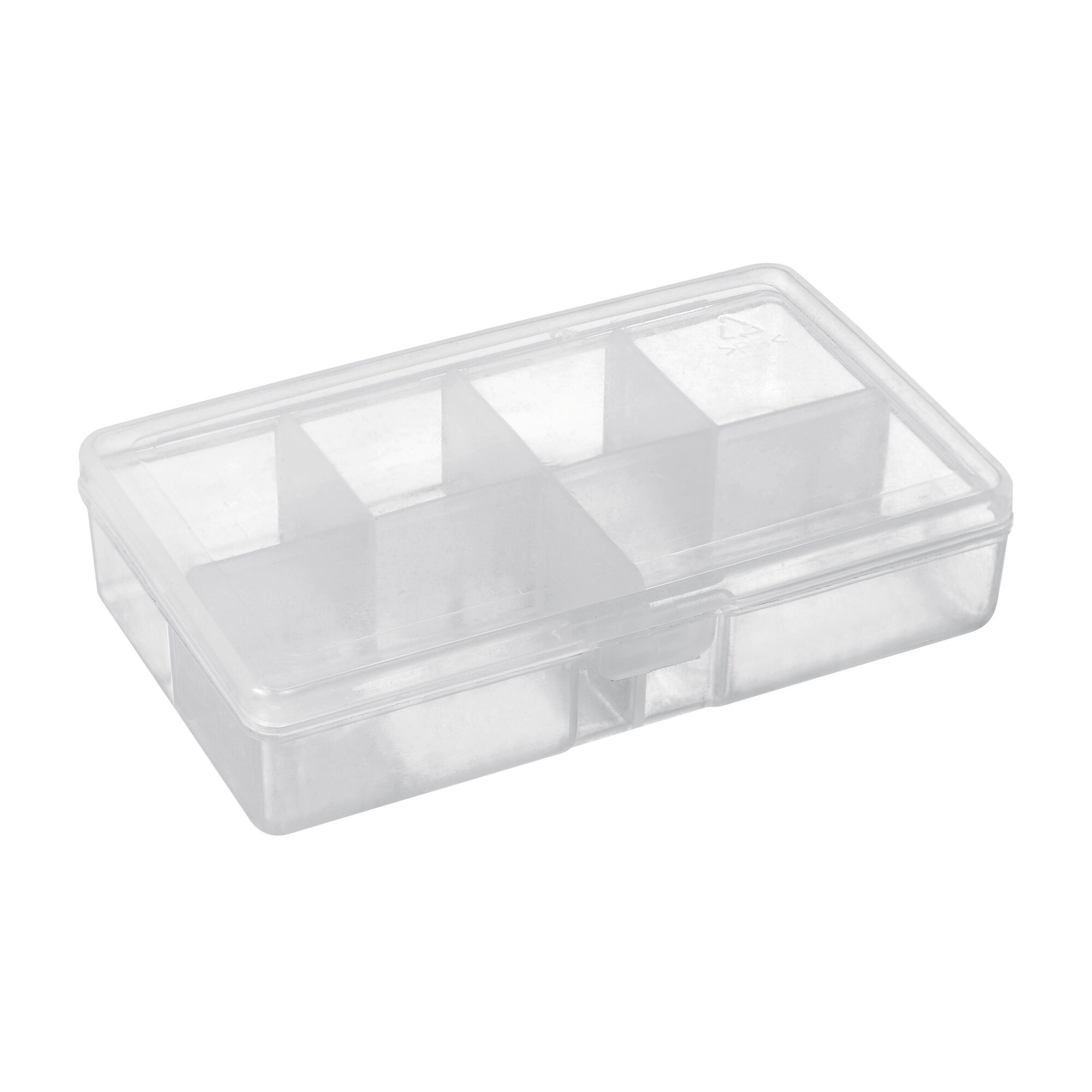 BLACKDECKER BCRT8K35 clear plastic storage box with compartments, photography, angled view on white background.