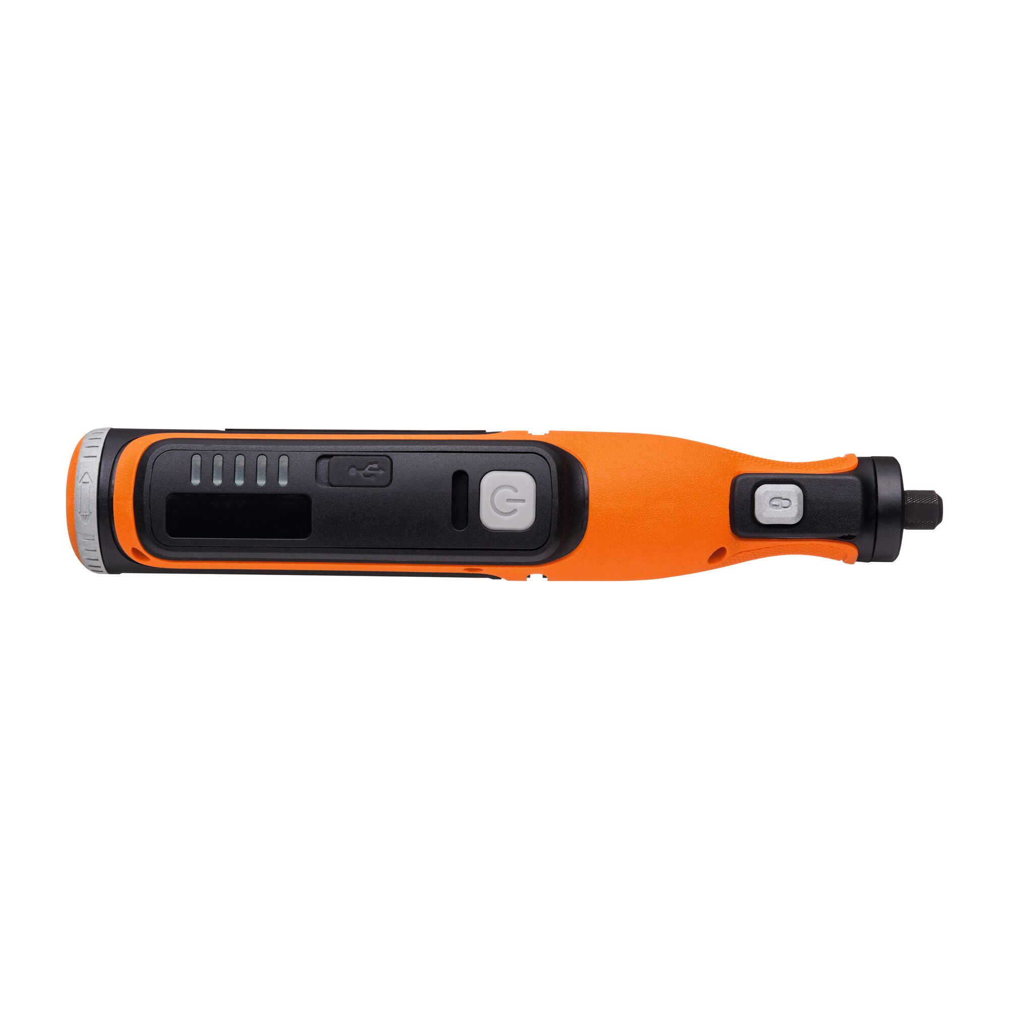 BLACKDECKER BCRT8K35 orange cordless rotary tool, side view, black buttons and control panel.