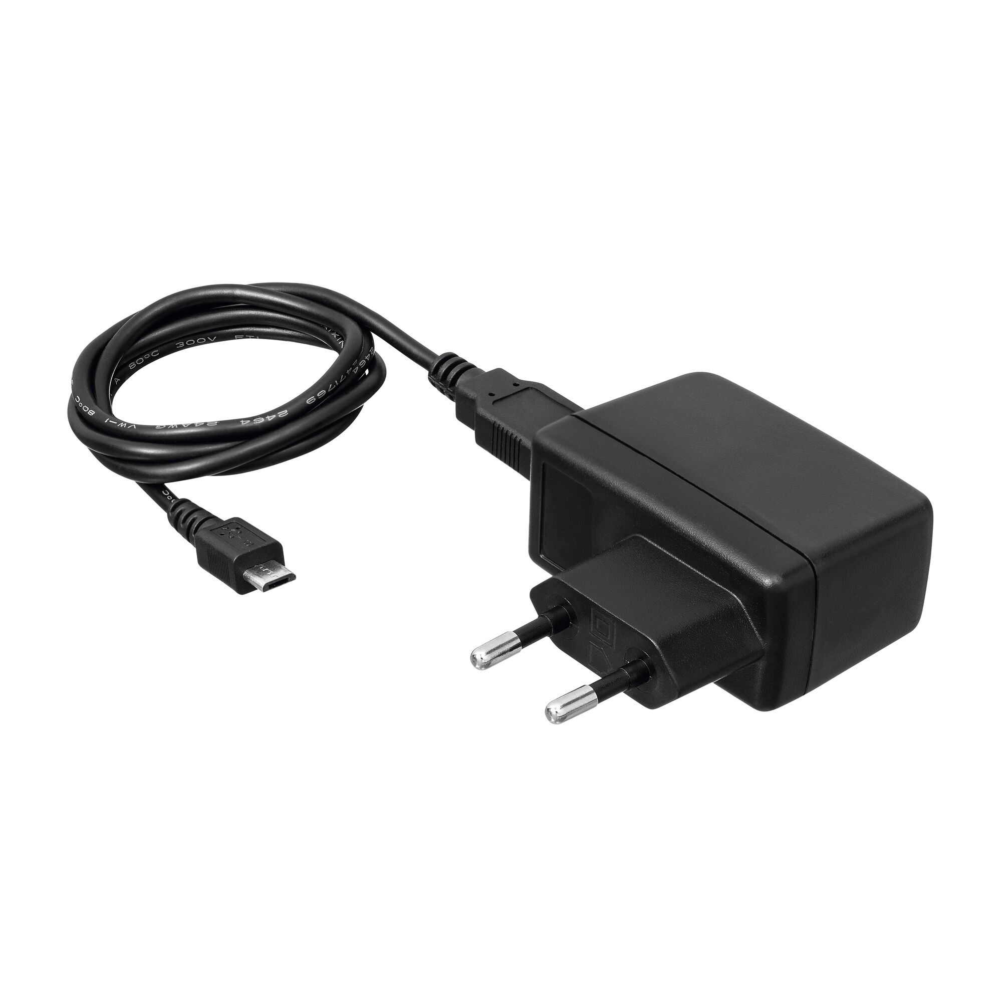 BLACKDECKER BCRT8K35 black power adapter with EU plug and micro USB cable, front angle.