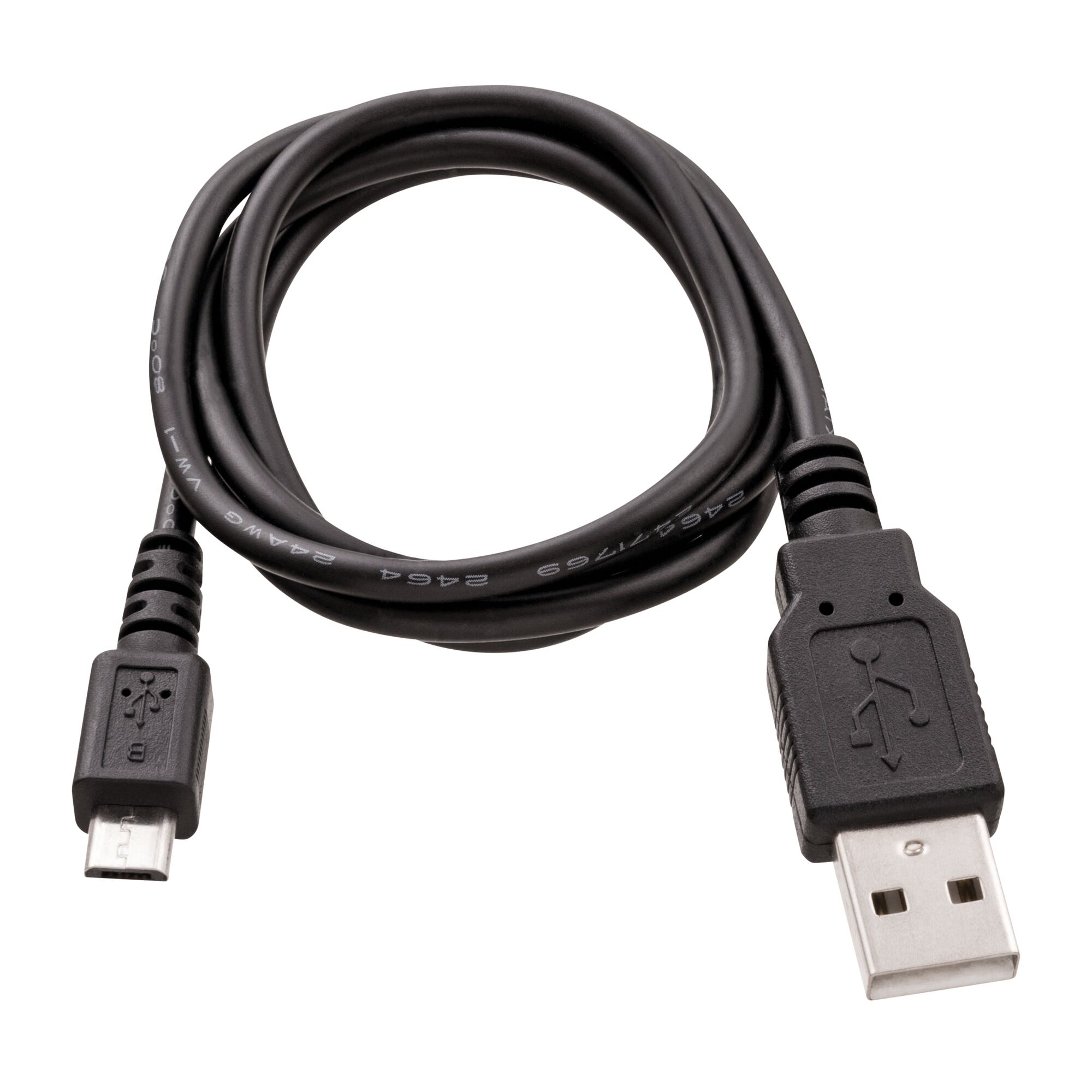 BLACKDECKER BCRT8K35 USB to micro USB cable, black, product angle on white background.