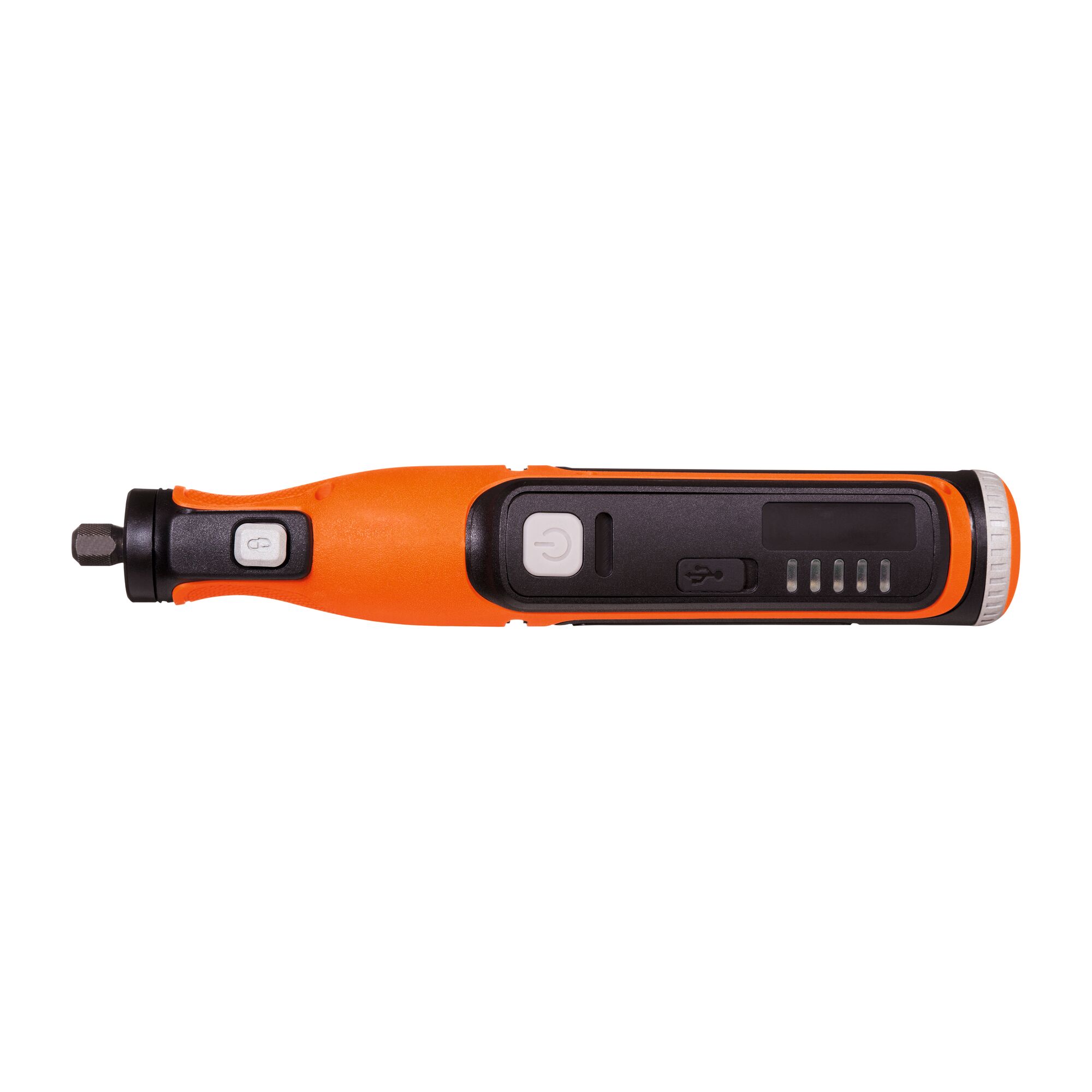 BLACKDECKER BCRT8K35 cordless orange and black screwdriver, side angle, with control buttons and USB port.