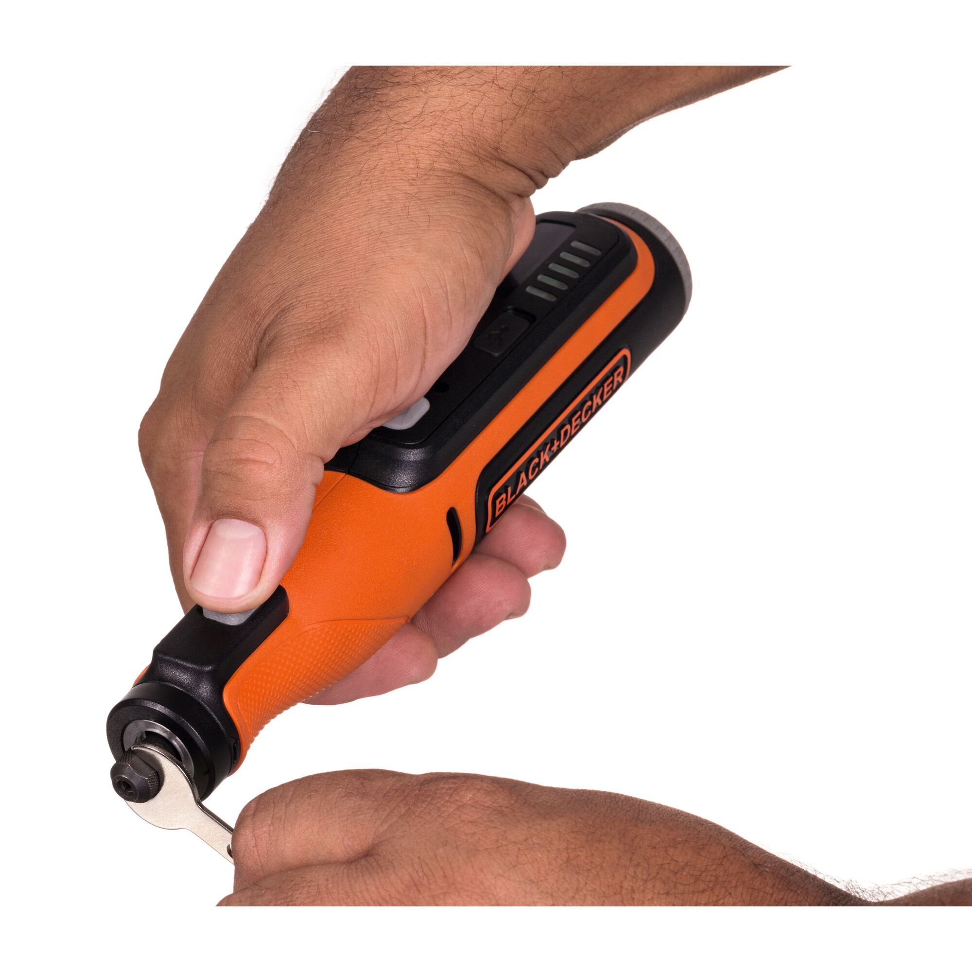 Photo of BLACKDECKER BCRT8K35 orange rotary tool in hand, showing tool adjustment on white background.