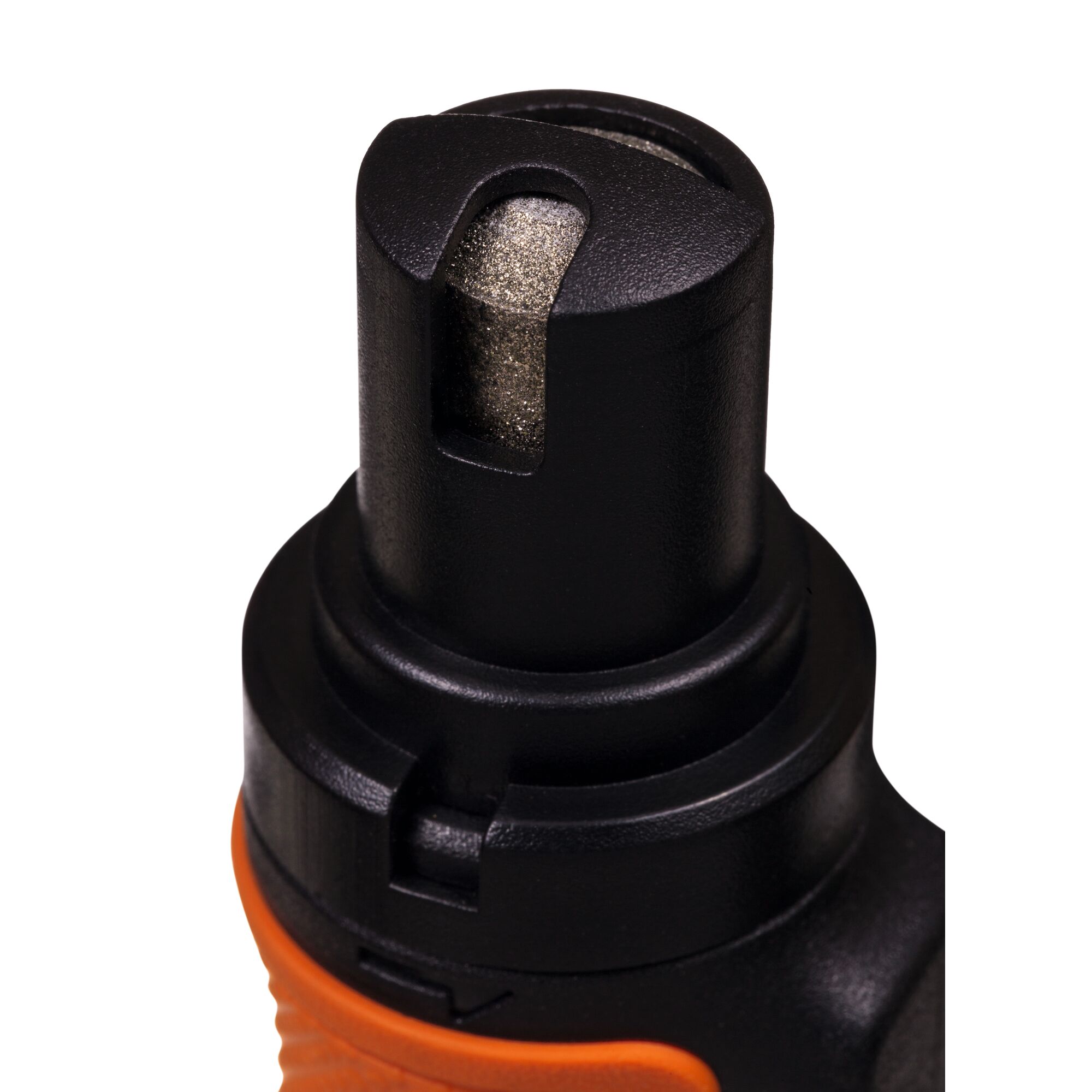 Close-up photo of BLACKDECKER BCRT8K35 ratchet head showing black metal construction and orange handle.