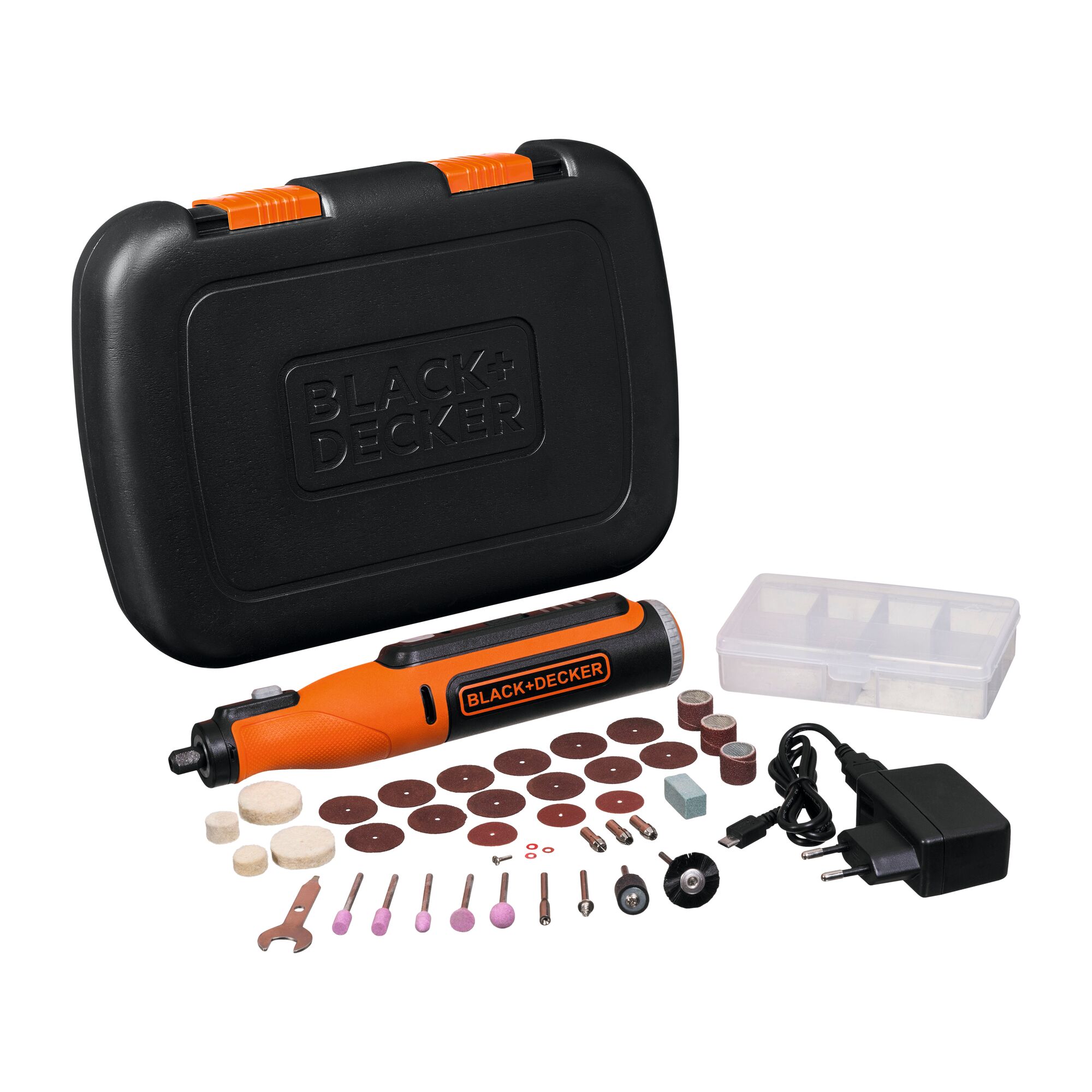 BLACK+DECKER BCRT8K35 rotary tool kit with black case, various sanding and grinding accessories, charger, and storage box, front angle.