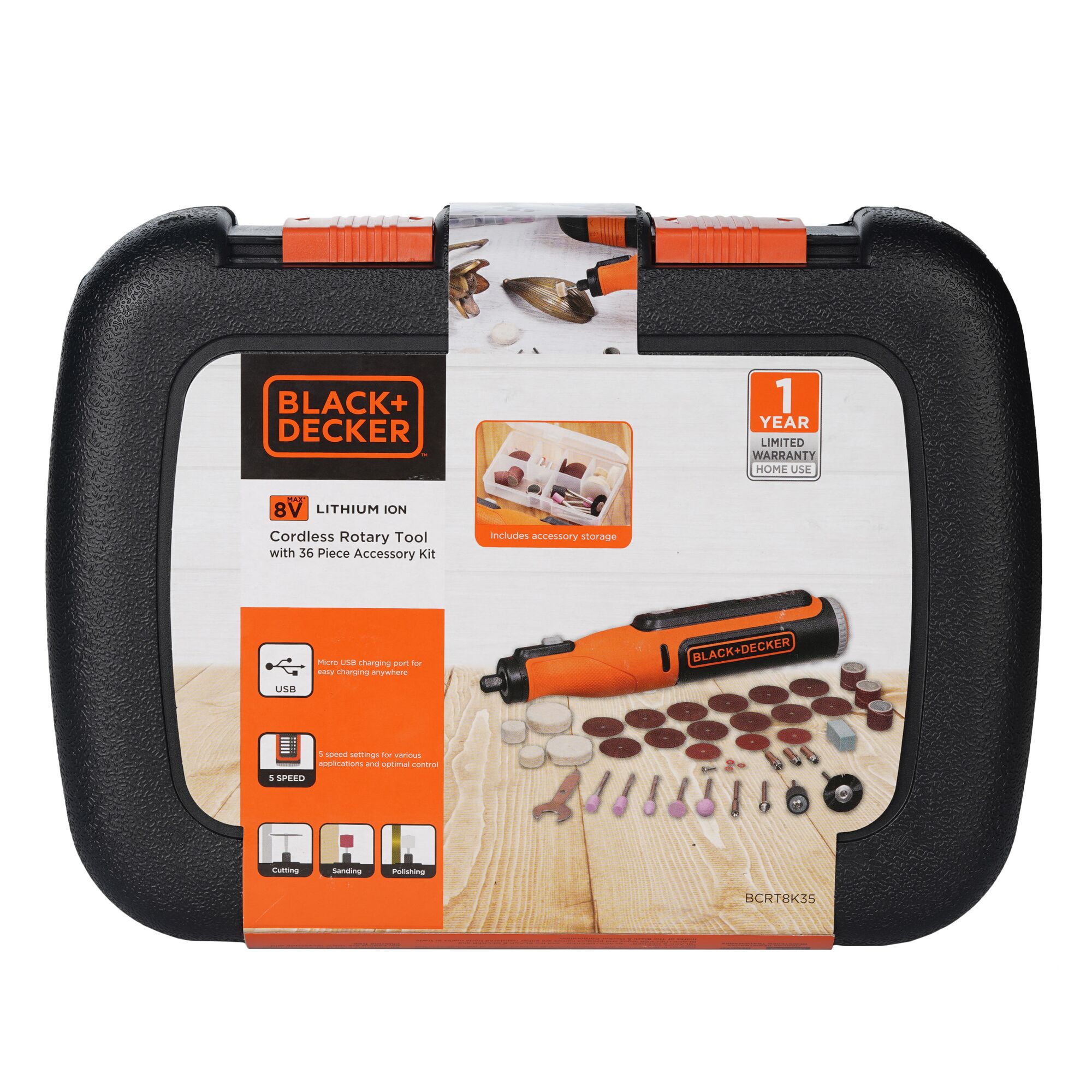BLACK+DECKER BCRT8K35 cordless rotary tool kit with 36 accessories in black carrying case, front angle.