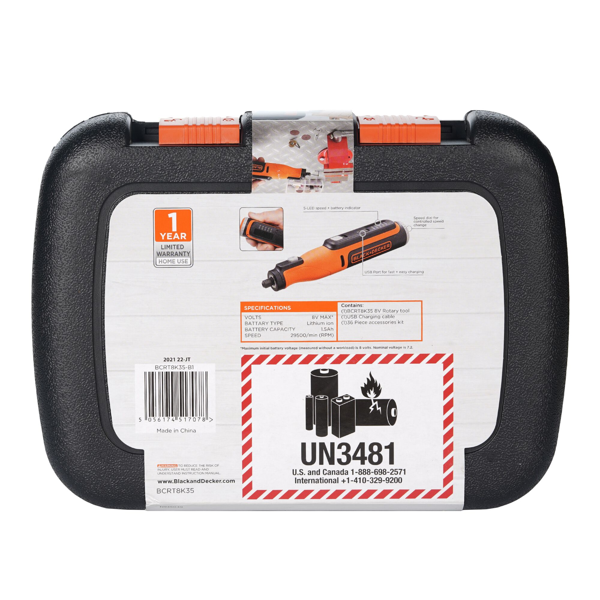 BLACKDECKER BCRT8K35 black and orange rotary tool kit case, rear view, product specs and battery warning labels.