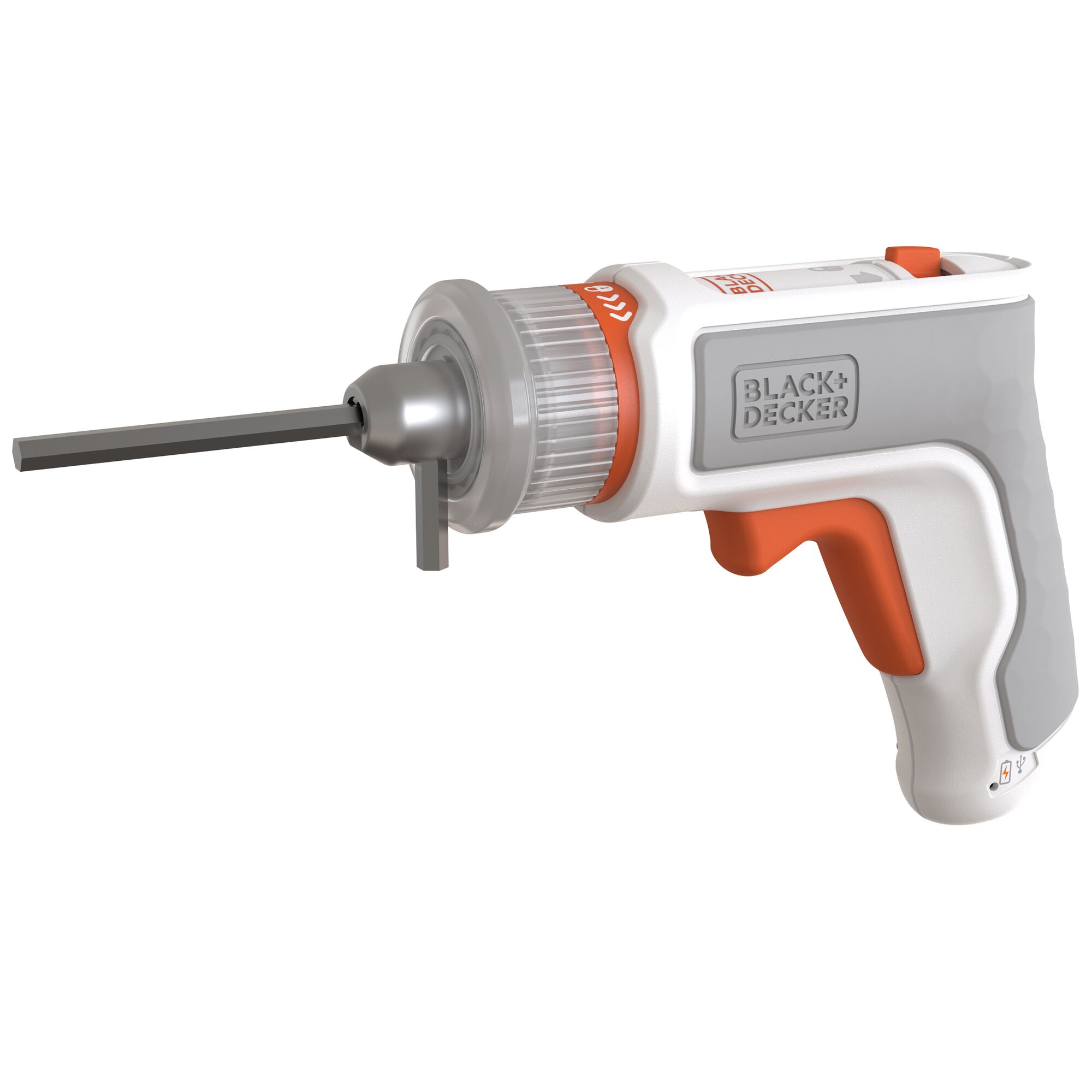 Photo of BLACKDECKER BCRTA01 handheld ratchet tool with gray, orange, and white body, side angle.