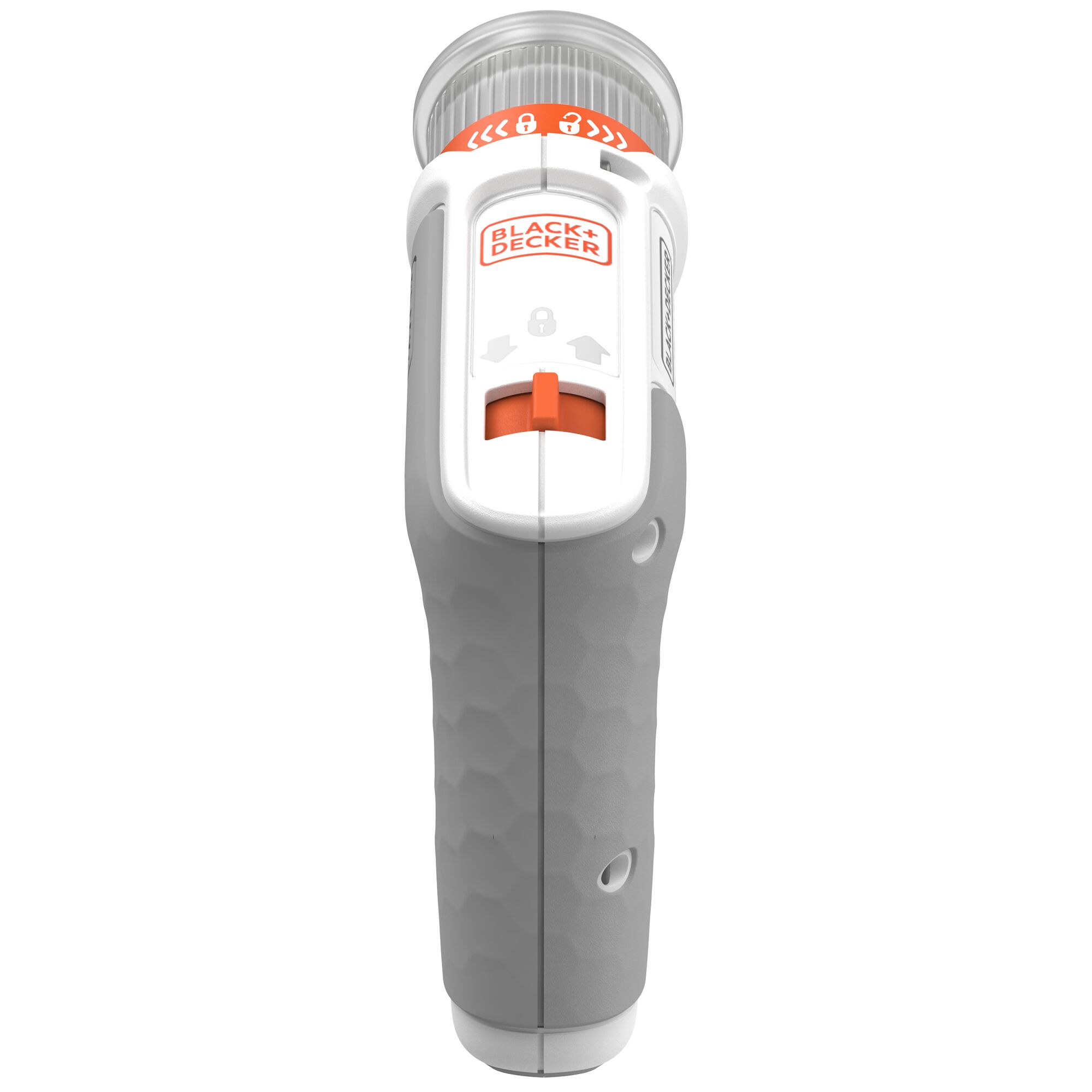 BLACK+DECKER BCRTA01 photography tool front view, gray handle with orange and white controls.