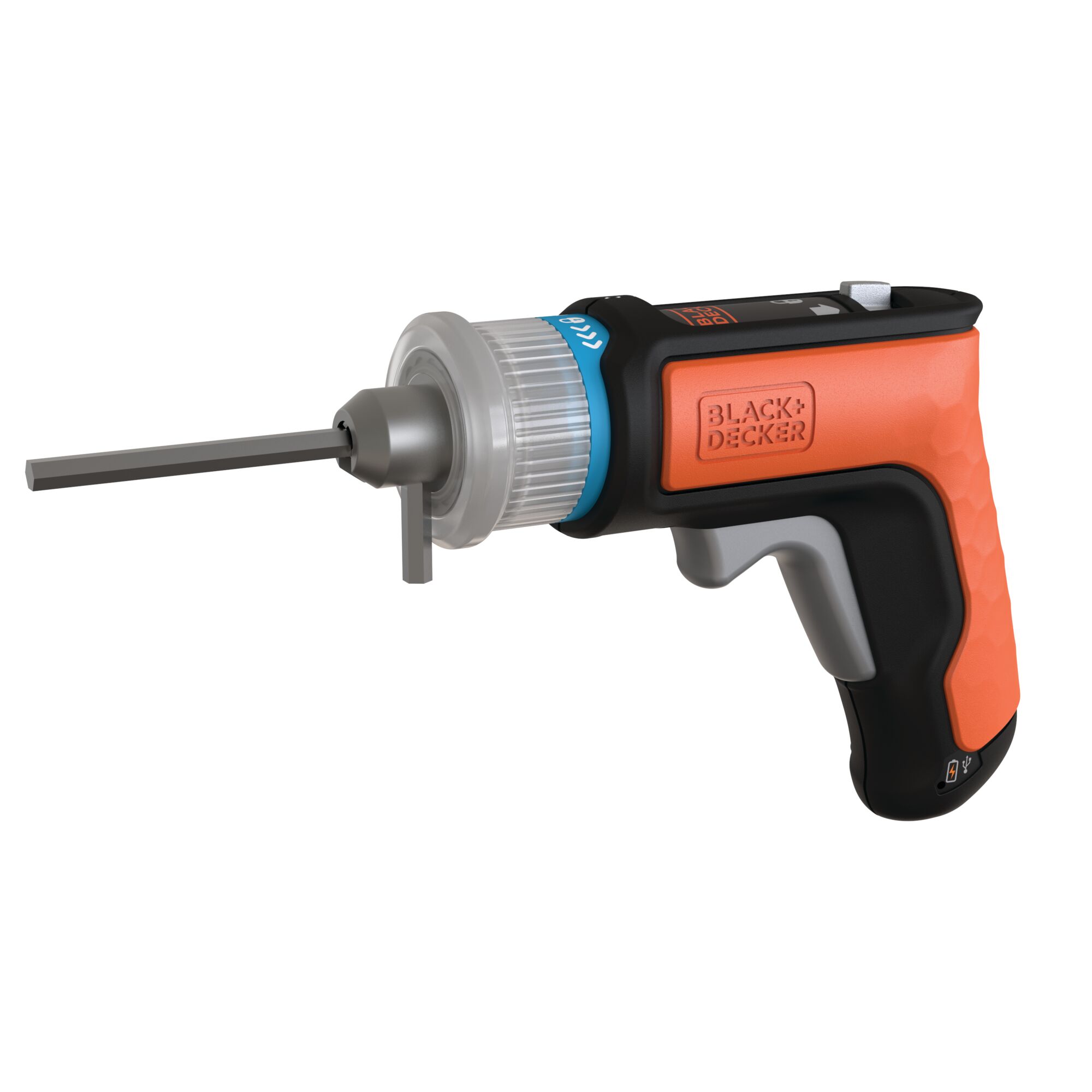 Photo of BLACK+DECKER BCRTA601 orange and black electric ratchet screwdriver, side angle on white background.