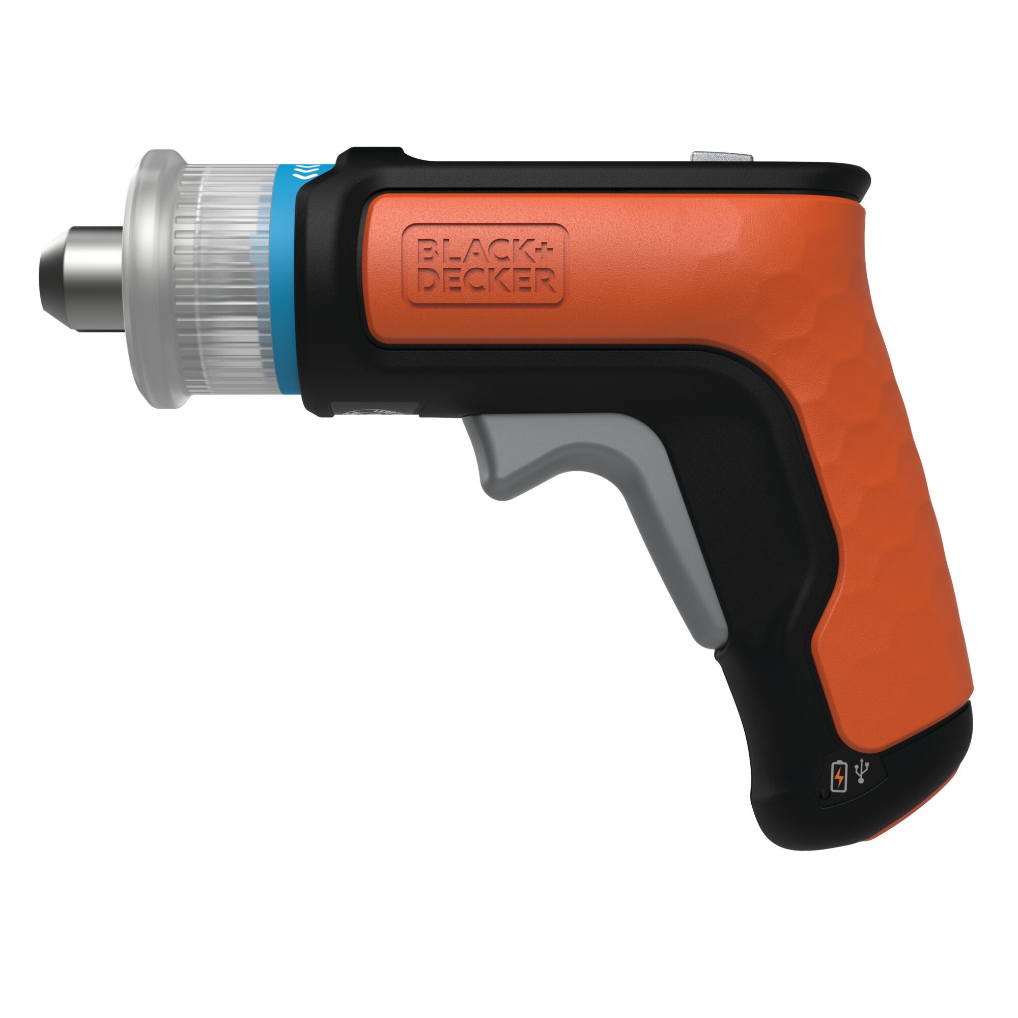 BLACK+DECKER BCRTA601 orange and black cordless screwdriver, left side view, white background.