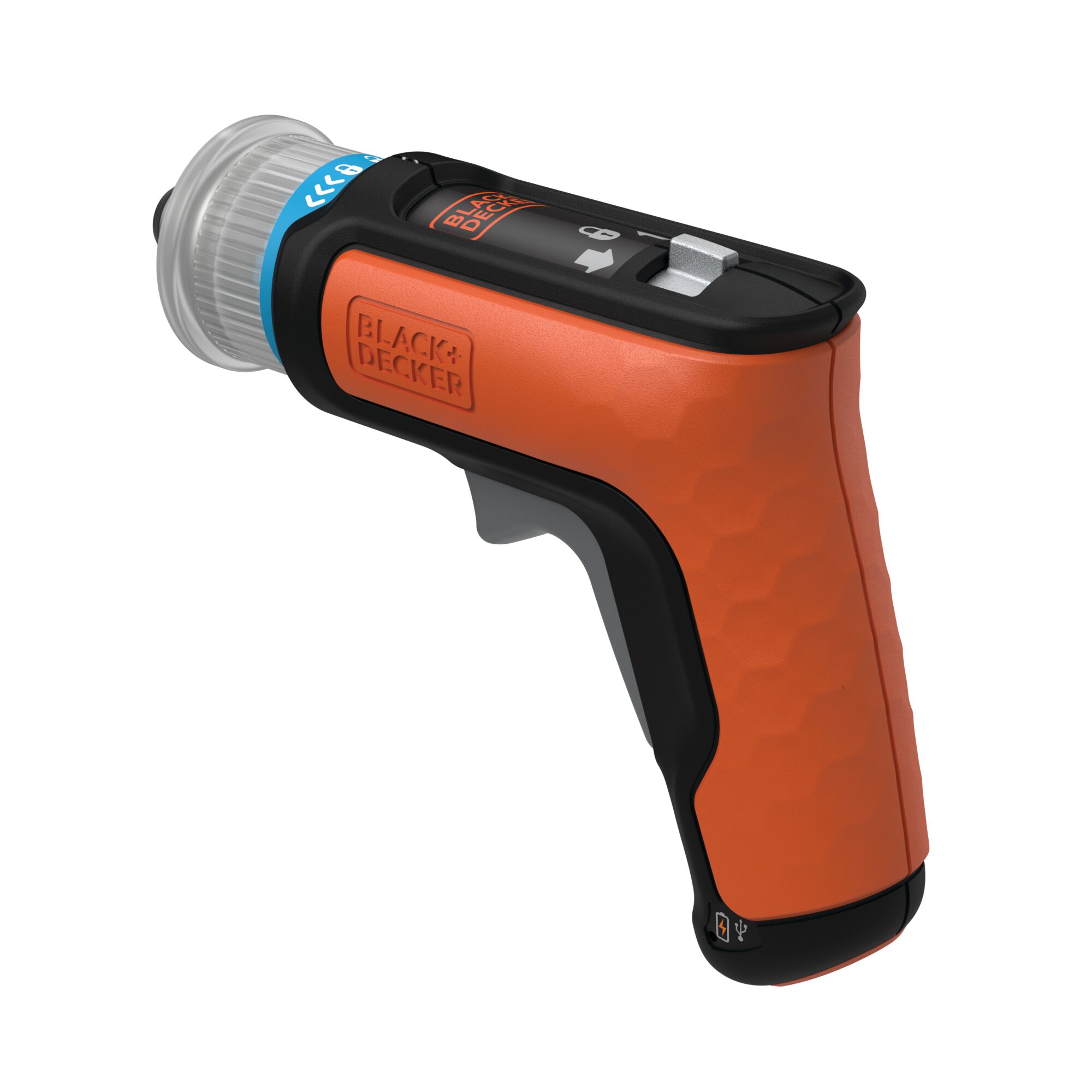 BLACKDECKER BCRTA601 orange cordless screwdriver, side angle on white background.