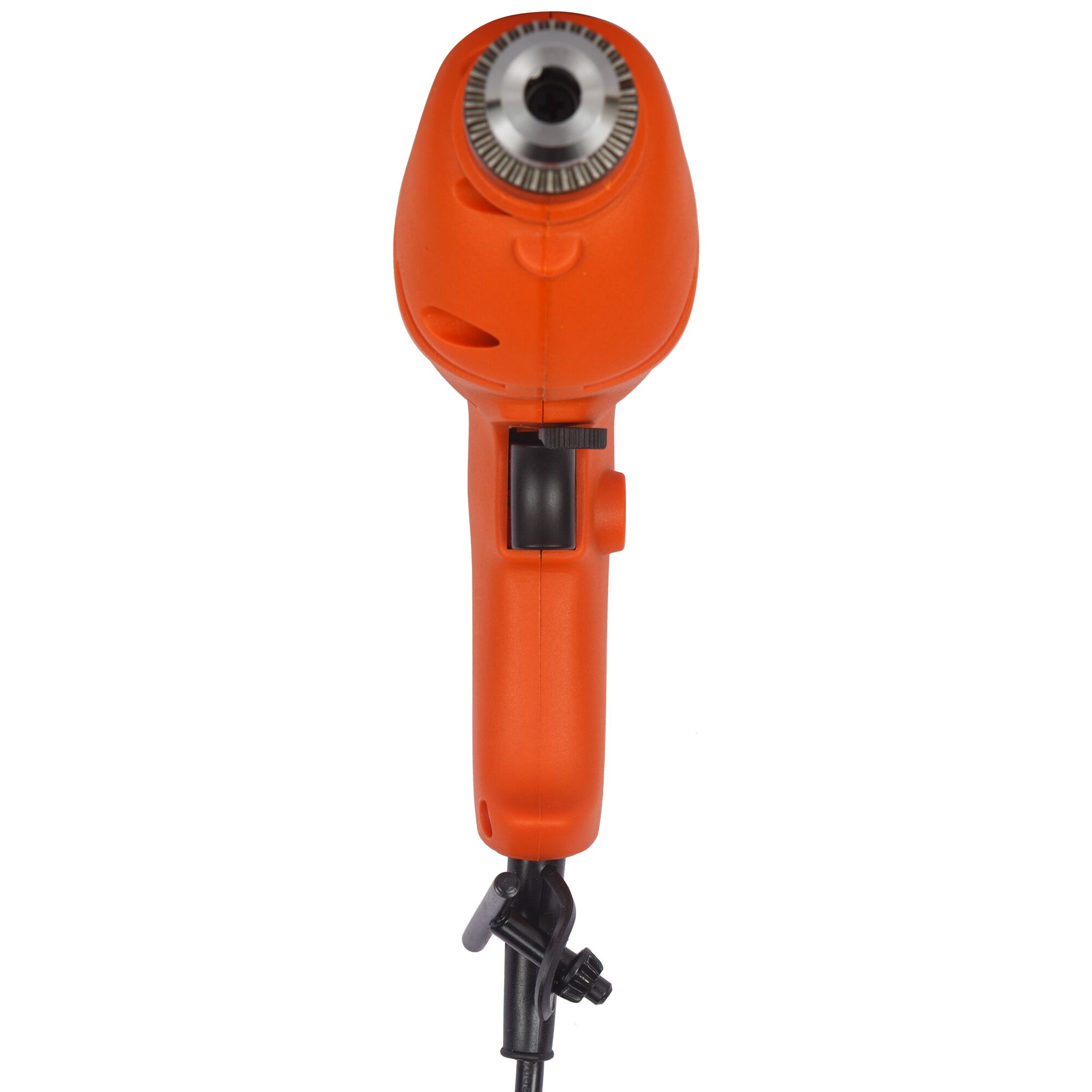 BLACKDECKER BD10RD orange corded drill front view with chuck and trigger visible.
