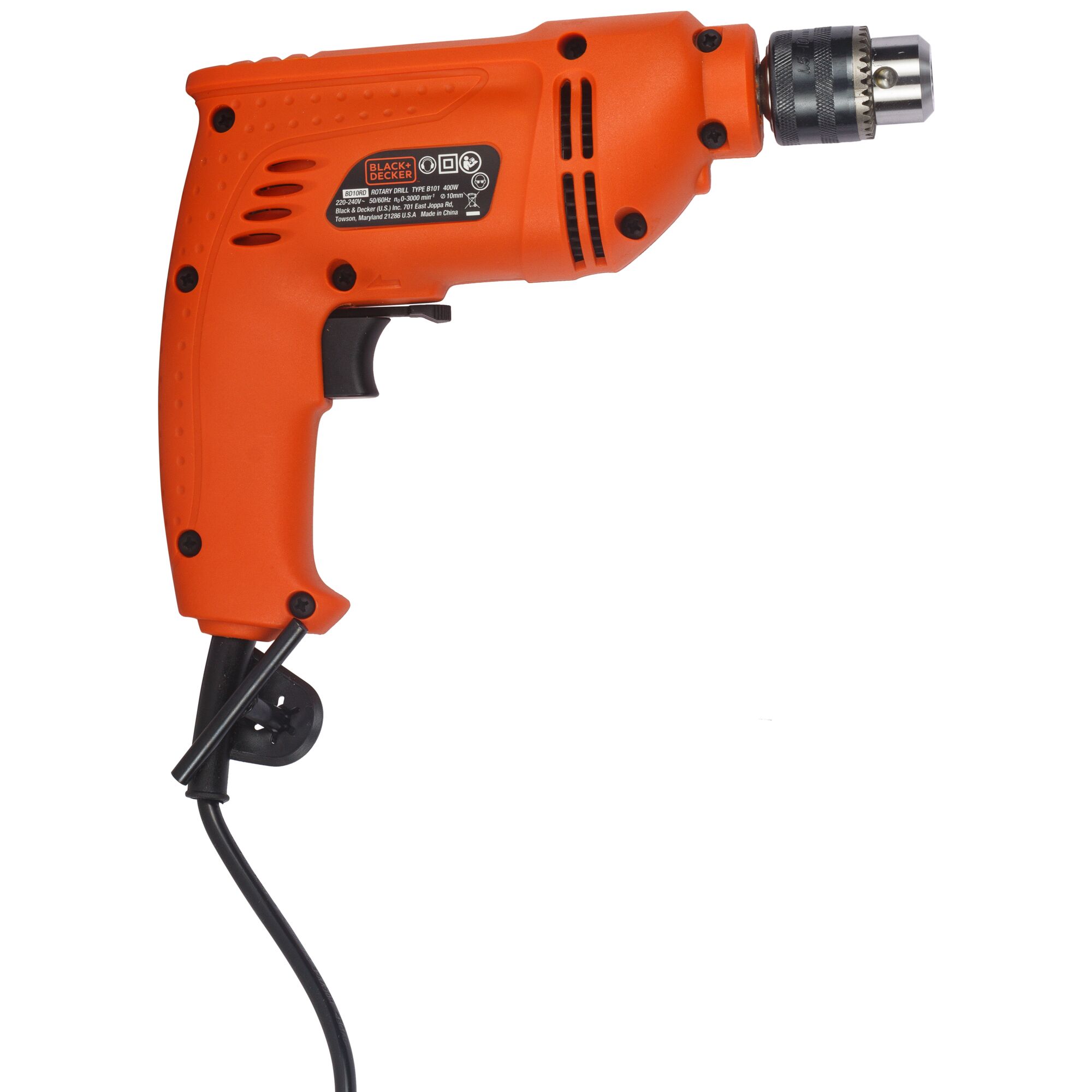 BLACKDECKER BD10RD orange corded electric drill, side angle, visible details and trigger.