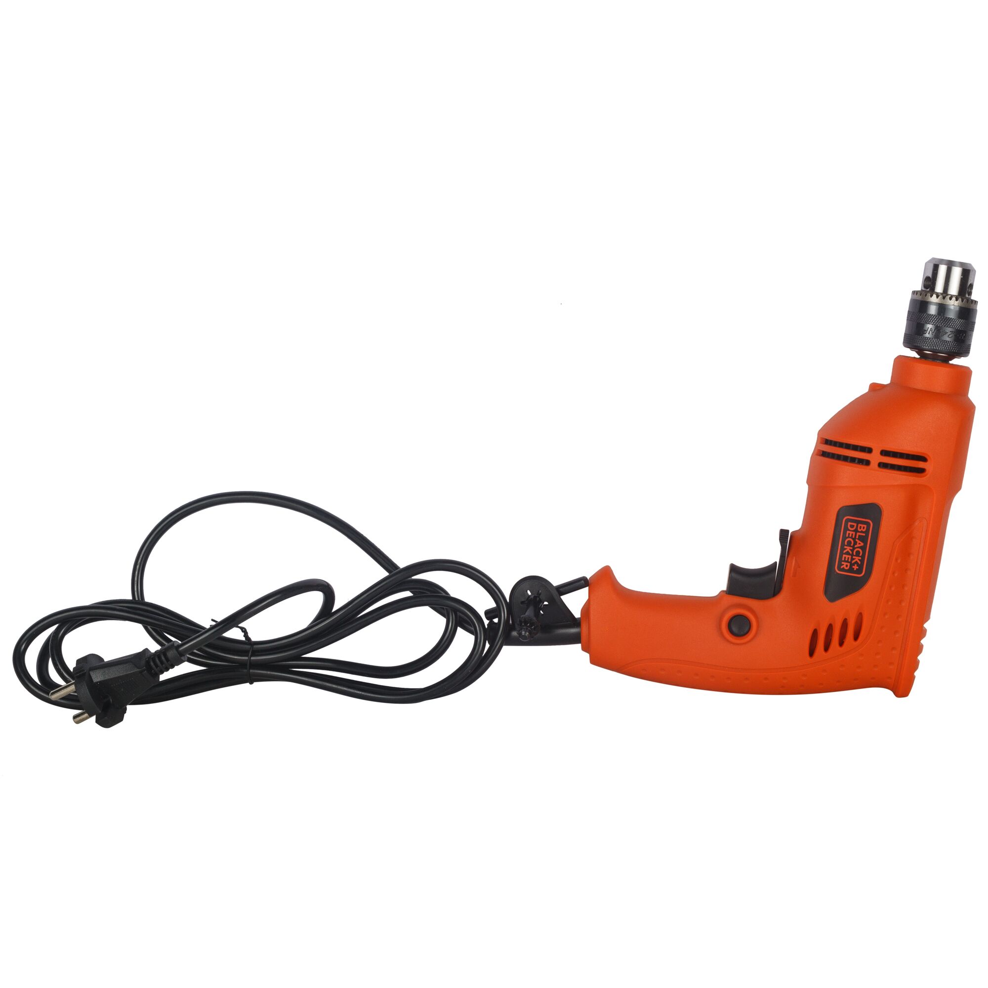 BLACKDECKER BD10RD orange corded electric drill, side angle on white background, photography