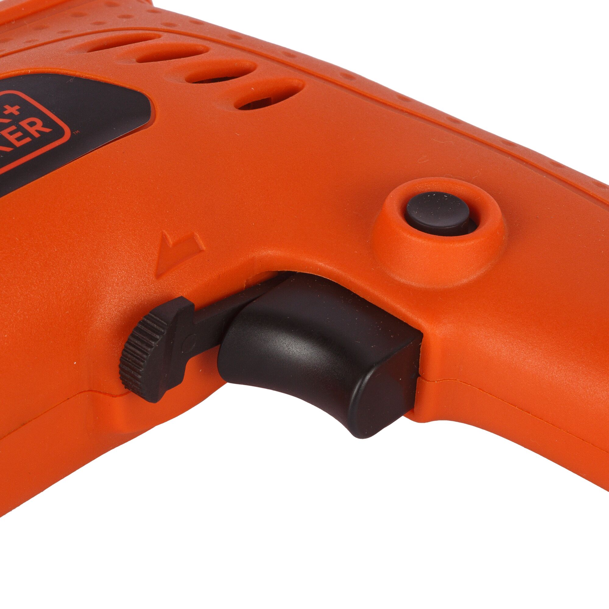 BLACKDECKER BD10RD power drill handle and trigger in close-up, showing orange casing and black controls.