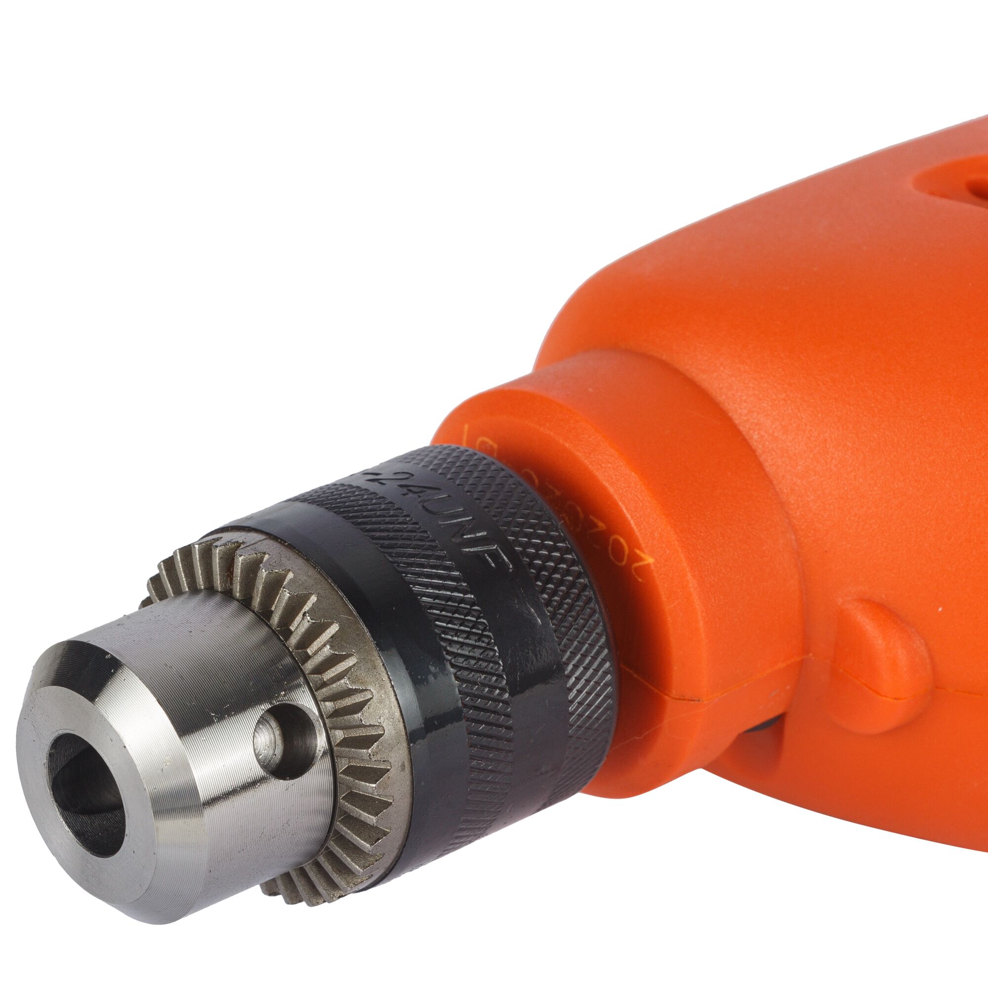 BLACKDECKER BD10RD orange electric drill close-up, showing metal keyless chuck, on white background.