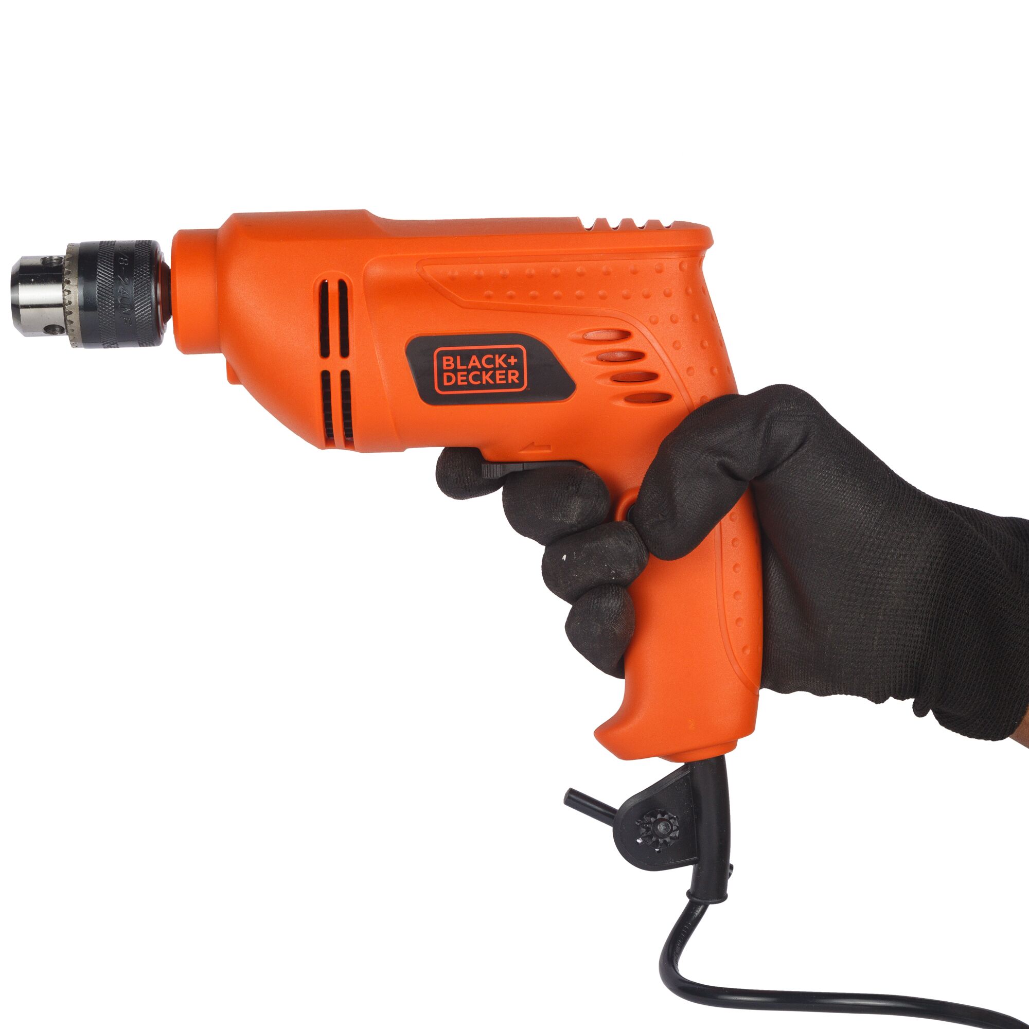 BLACK+DECKER BD10RD orange corded drill held by gloved hand, right side view, white background.