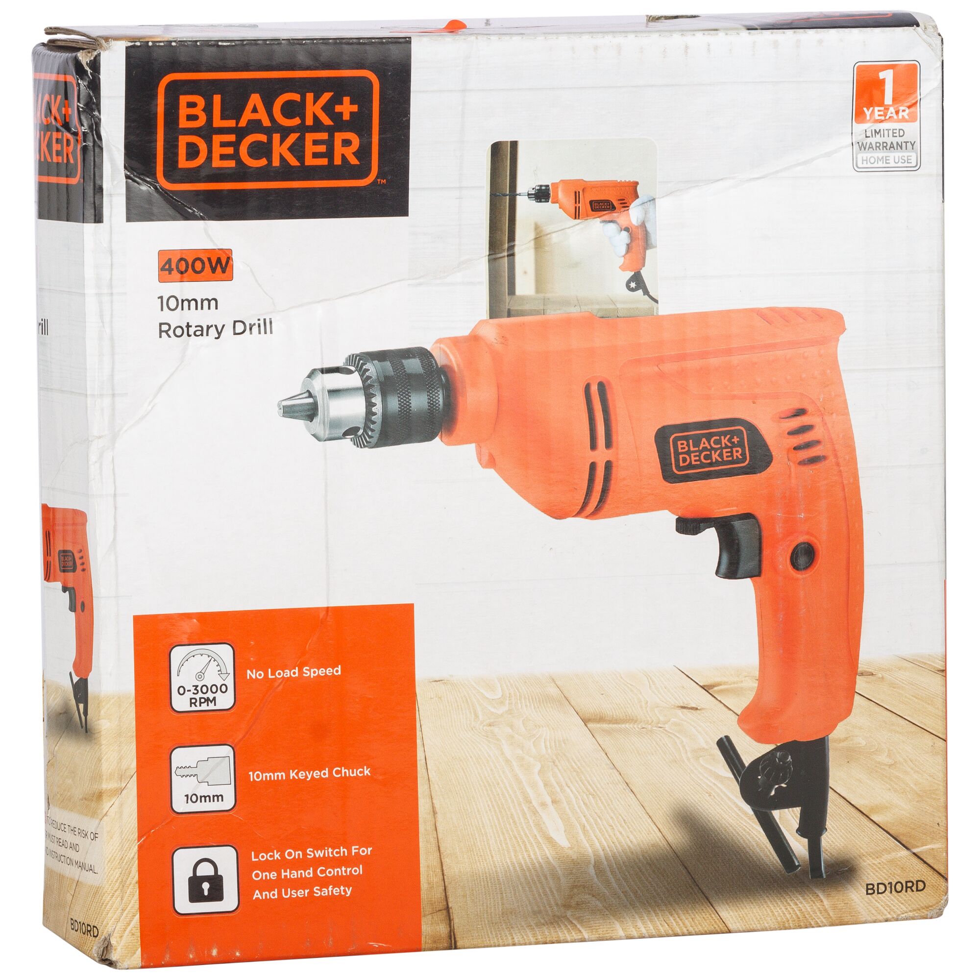 Photo of BLACK+DECKER BD10RD 400W 10mm rotary drill packaging, orange drill shown on white background.