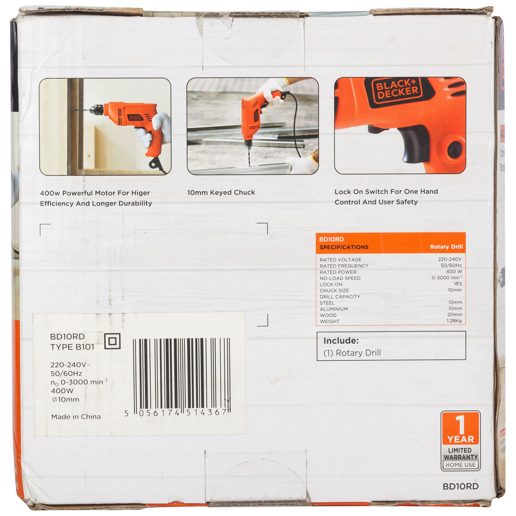 BLACKDECKER BD10RD rotary drill box, showing product features and specifications, rear angle, photography asset.