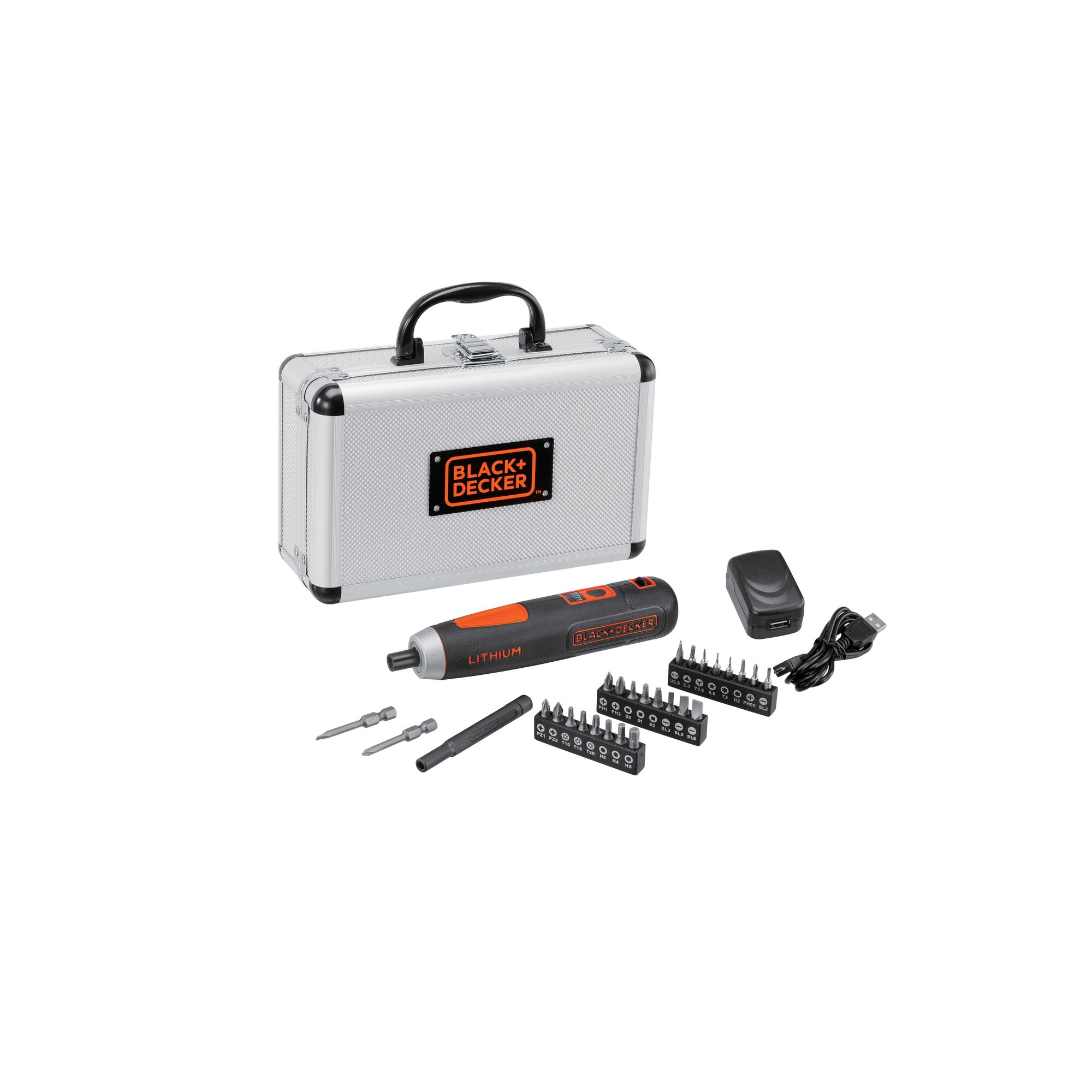 BLACKDECKER BD40K27A cordless screwdriver kit with bits, charger and silver carrying case, front angle.