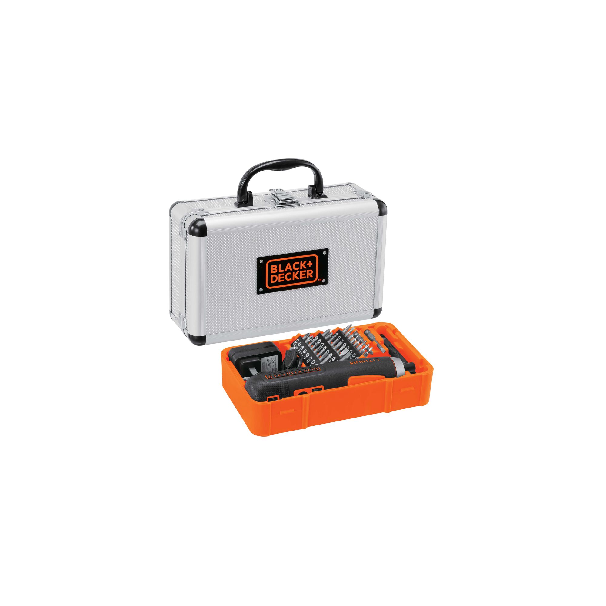 BLACKDECKER BD40K27A electric screwdriver kit with bits in orange tray and silver case, front angle.