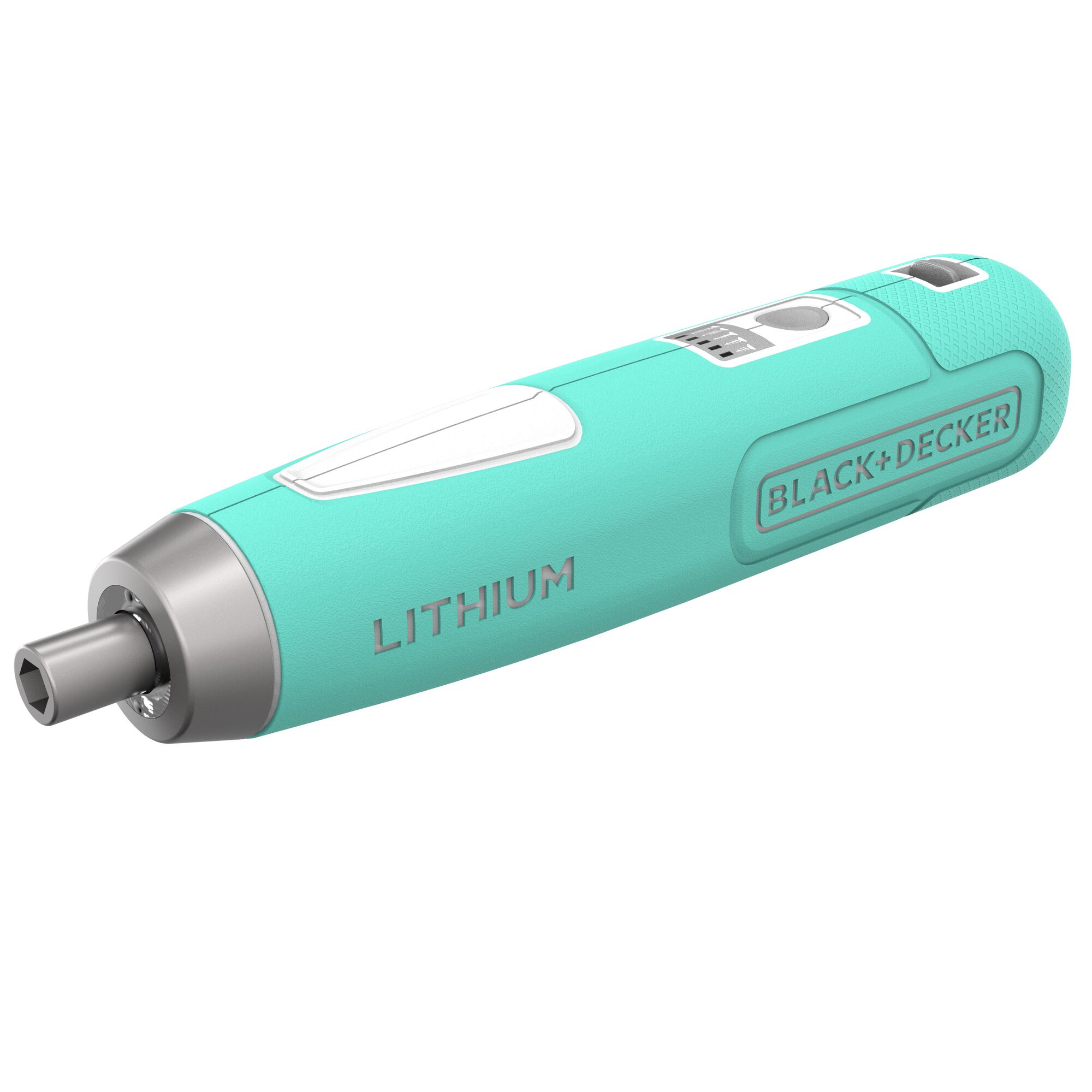 BLACK+DECKER BD40K27B turquoise cordless screwdriver, angled product photo on white background.