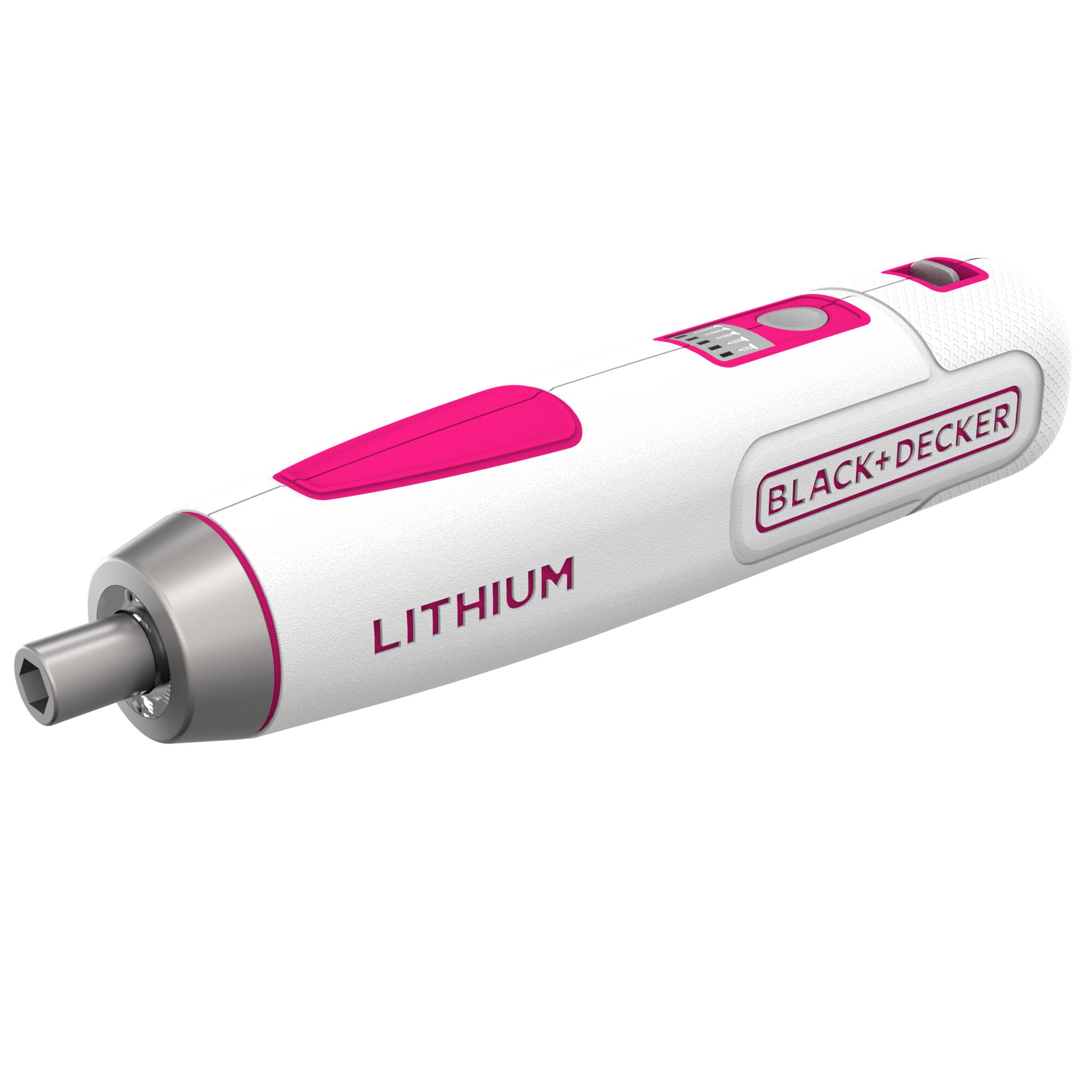 BLACK+DECKER BD40K27P lithium cordless screwdriver, white and pink, side angle on white background.