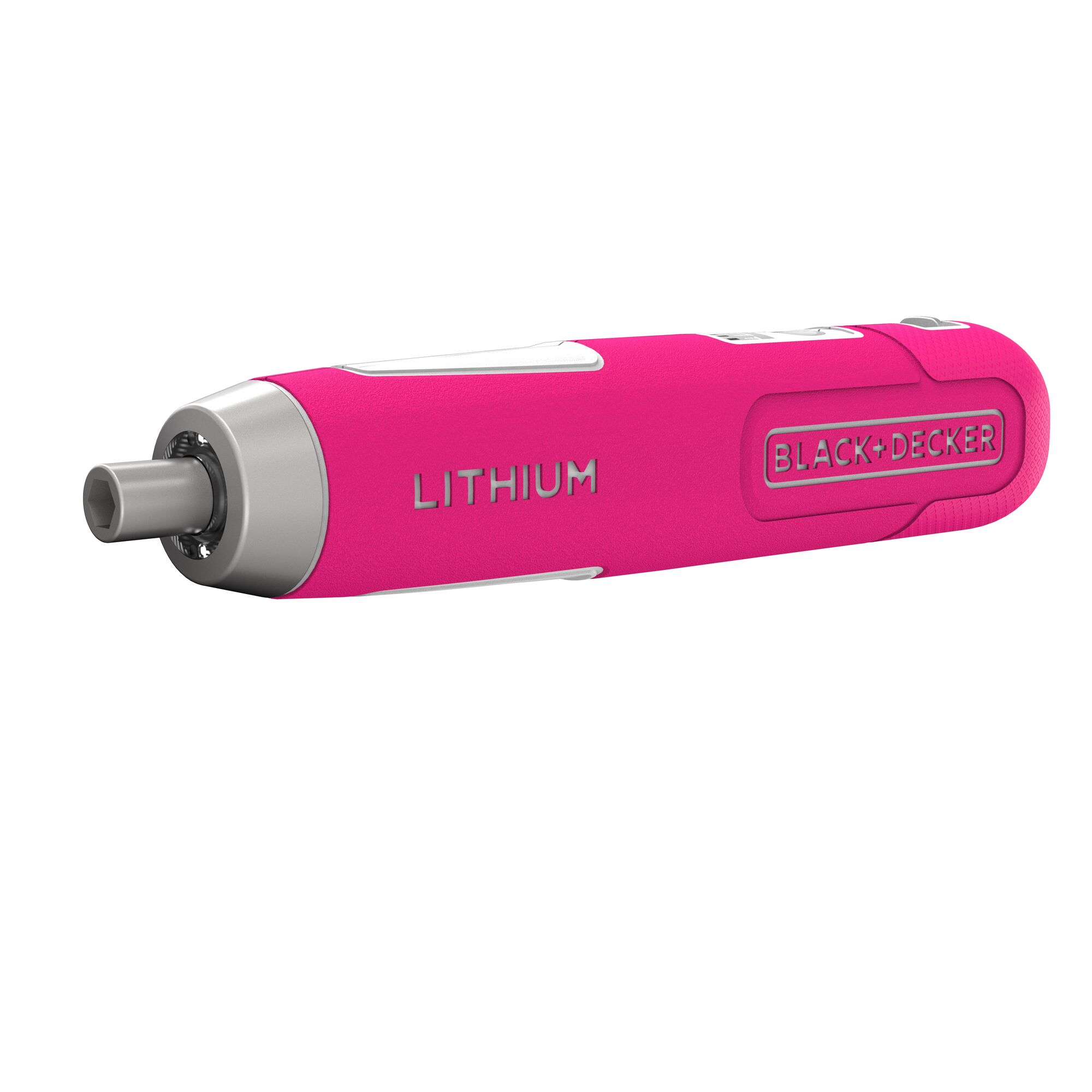 BLACK+DECKER BD40K27R pink cordless lithium screwdriver side angle photography.